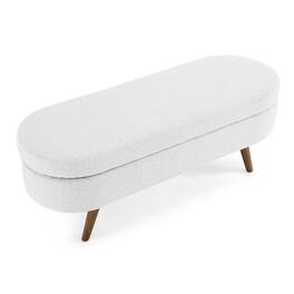 HTUTWOO - 43.5" Ottoman Storage Bench - Oval Upholstered Linen Fabric Footrest Bench with Wood Legs, End of Bed for Living Room - White