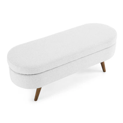 Front. HTUTWOO - 43.5" Ottoman Storage Bench - Oval Upholstered Linen Fabric Footrest Bench with Wood Legs, End of Bed for Living Room - White.