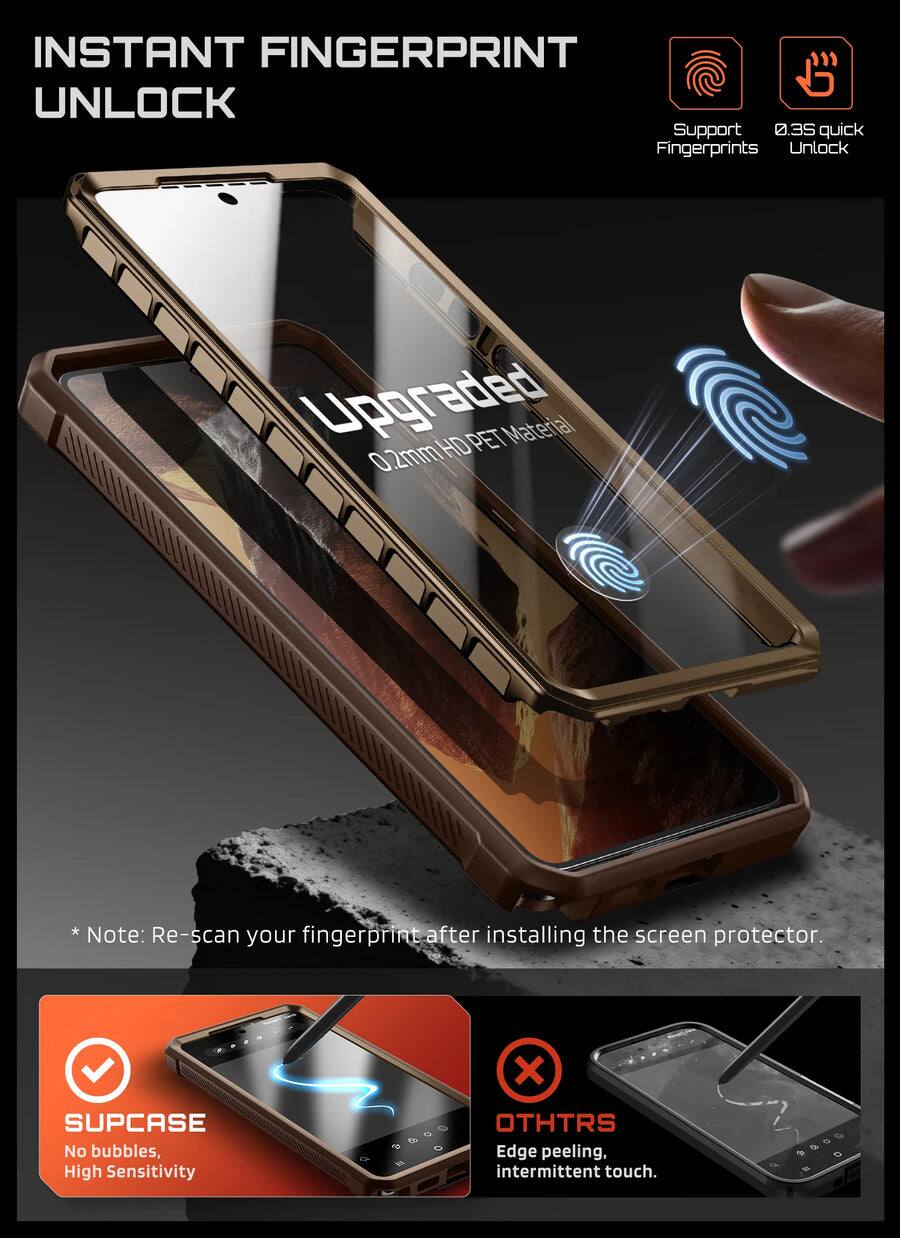 INSTANT FINGERPRINT UNLOCK

Support 0.35 quick Fingerprints Unlock

Lpgraded 0.2mm HDPET Material PET Material

* Note: Re-scan your fingerprint after installing the screen protector.

SUPCASE
No bubbles, High Sensitivity

OTHTRS
Edge peeling, intermittent touch.