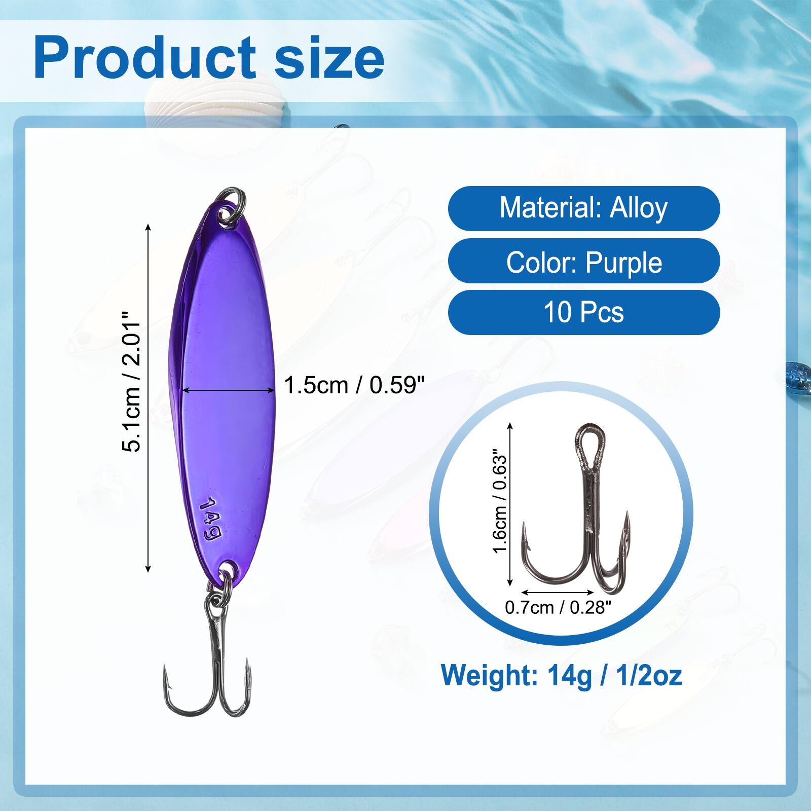 Product size: 5.1cm / 2.01"  
1.5cm / 0.59"  
Material: Alloy  
Color: Purple  
10 Pcs  
Weight: 14g / 1/2oz