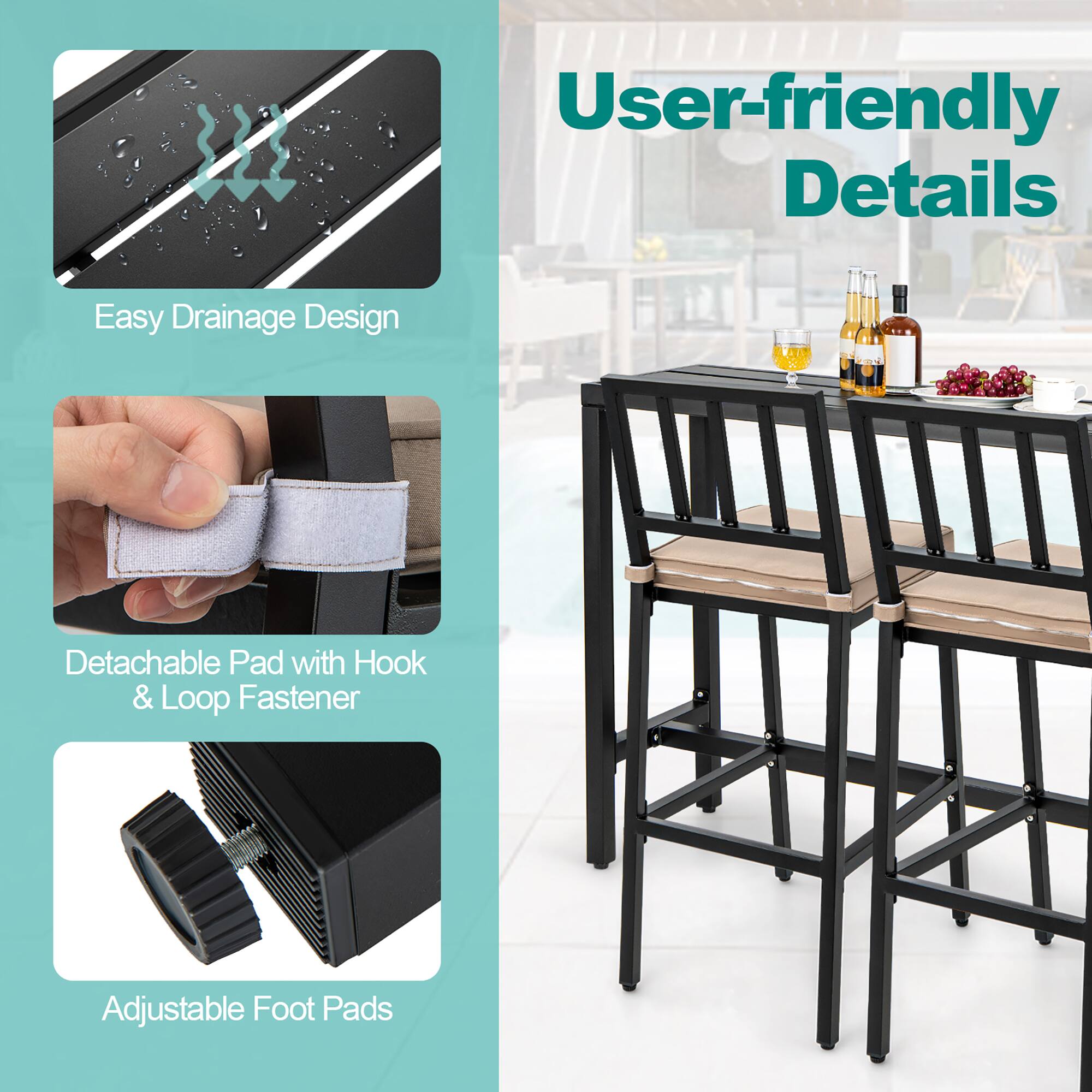 User-friendly Details

- Easy Drainage Design
- Detachable Pad with Hook & Loop Fastener
- Adjustable Foot Pads