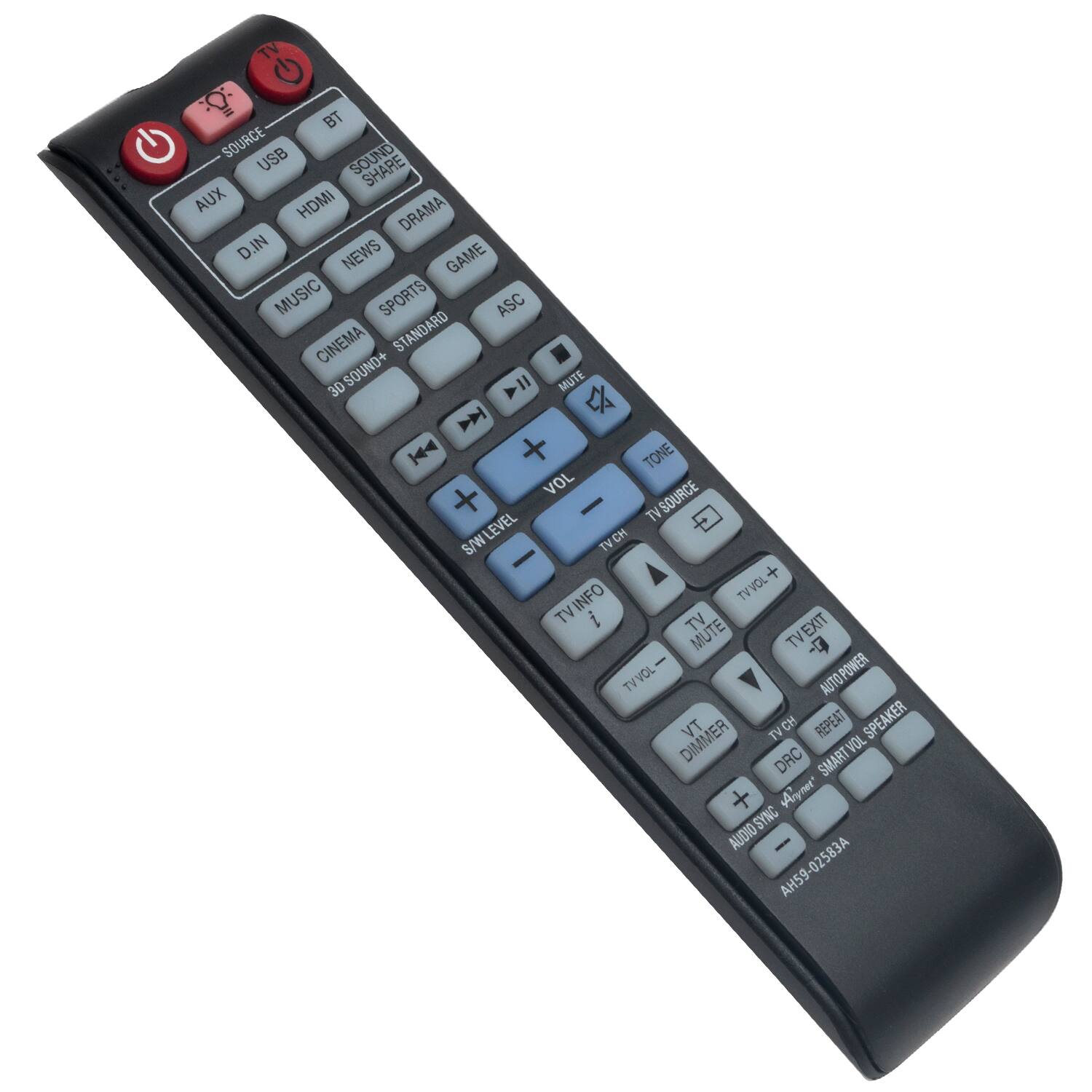 TV G. BT SOURCE USB SOUND SHARE AUX HDMI DRAMA D.IN D NEWS GAME MUSIC SPORTS ASC CINEMA STANDARD 3D SOUND+ II MUTE H K + TONE VOL SOURCE - TV LEVEL TVCH S/W TV - + TVVOL TV TVINFO TV i TV EXIT MUTE TV -9 TV TVVOL AUTOPOWER DIMMER TV TV CH REPEAT SPEAKER VOL DRC SMART Ar met* + SYNC AUDIO - AH59-02583A AH59