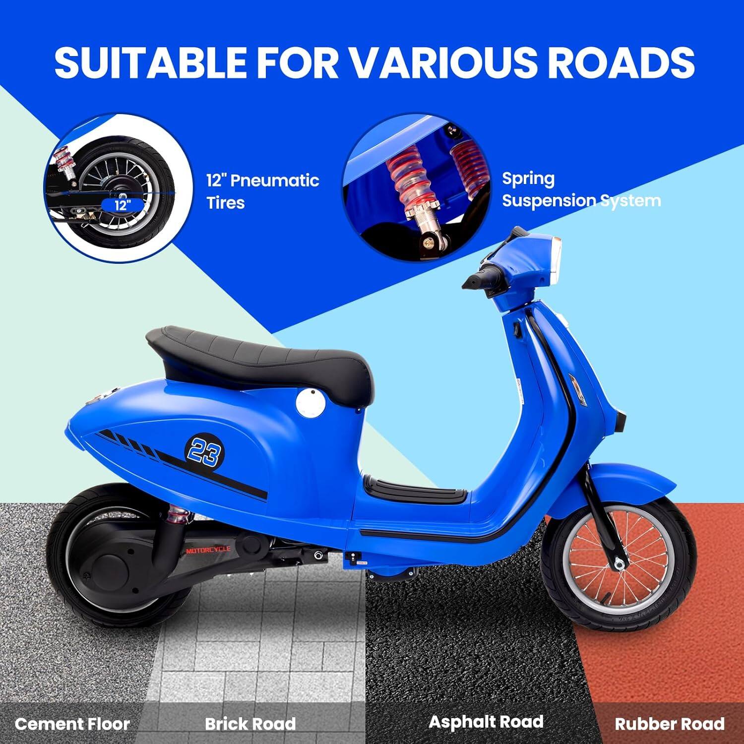 SUITABLE FOR VARIOUS ROADS

12" Pneumatic Tires

Spring Suspension System

Cement Floor

Brick Road

Asphalt Road

Rubber Road