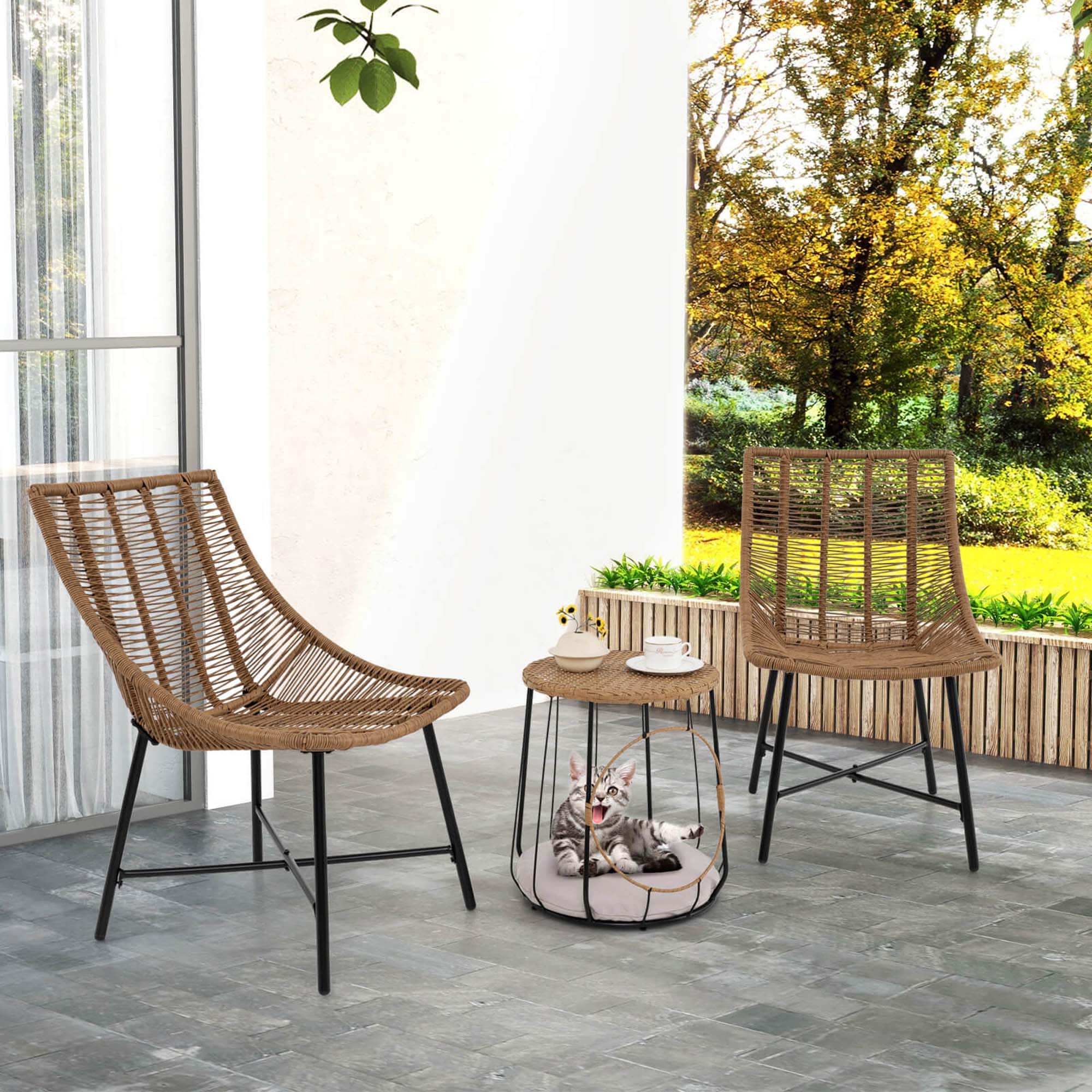 Costway - 3 PCS Outdoor Furniture Set with Pet House & Heavy Duty Metal Frame - Brown