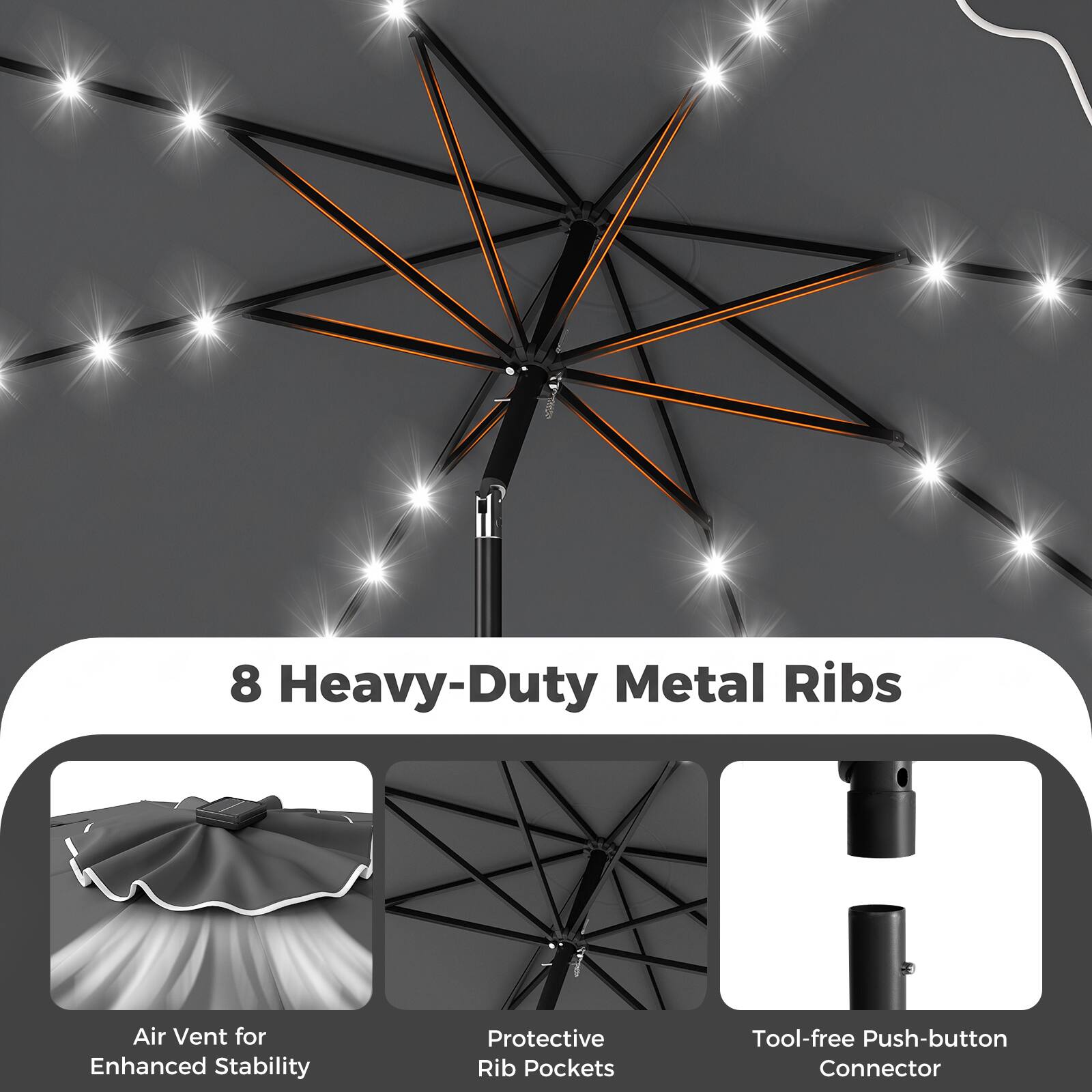 8 Heavy-Duty Metal Ribs Air Vent for Enhanced Stability Protective Rib Pockets Tool-free Push-button Connector