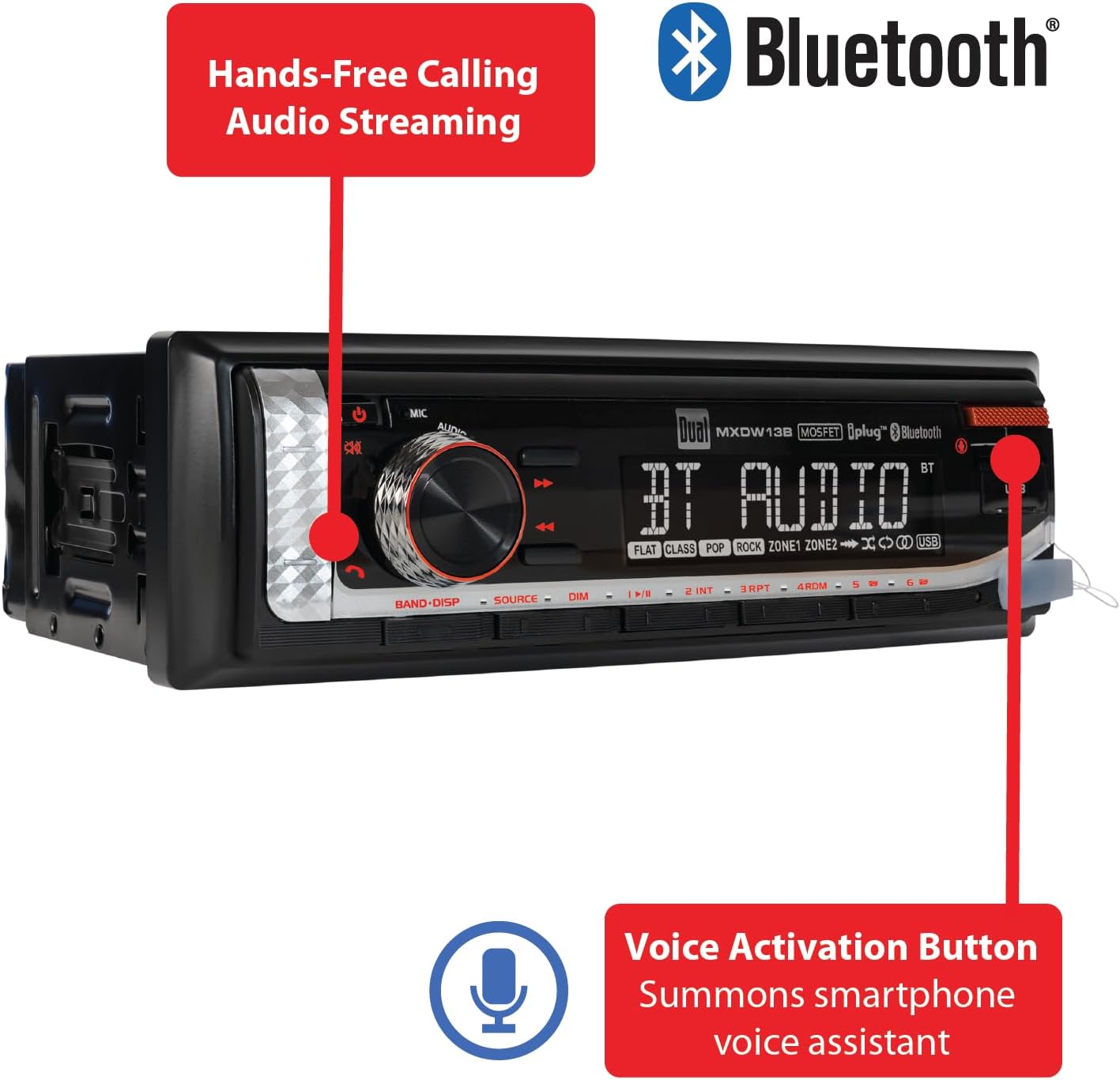 - Hands-Free Calling Audio Streaming
- Bluetooth
- Voice Activation Button Summons smartphone voice assistant

Dual MXDW130 MOSFET Plug Bluetooth

BT AUDIO

MIC AUDI

BAND-DISP SOURCE

FLAT CLASS POP ROCK ZONE1 ZONE2 USB

DIM 1/4 2 INT 3 RPT 4 RDM 5 - 6

USB