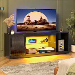 Bestier - 57" Gaming TV Stand with Adjustable Shelves LED-Lit TV Console for 65-Inch TVs with Cabinet Storage - Black
