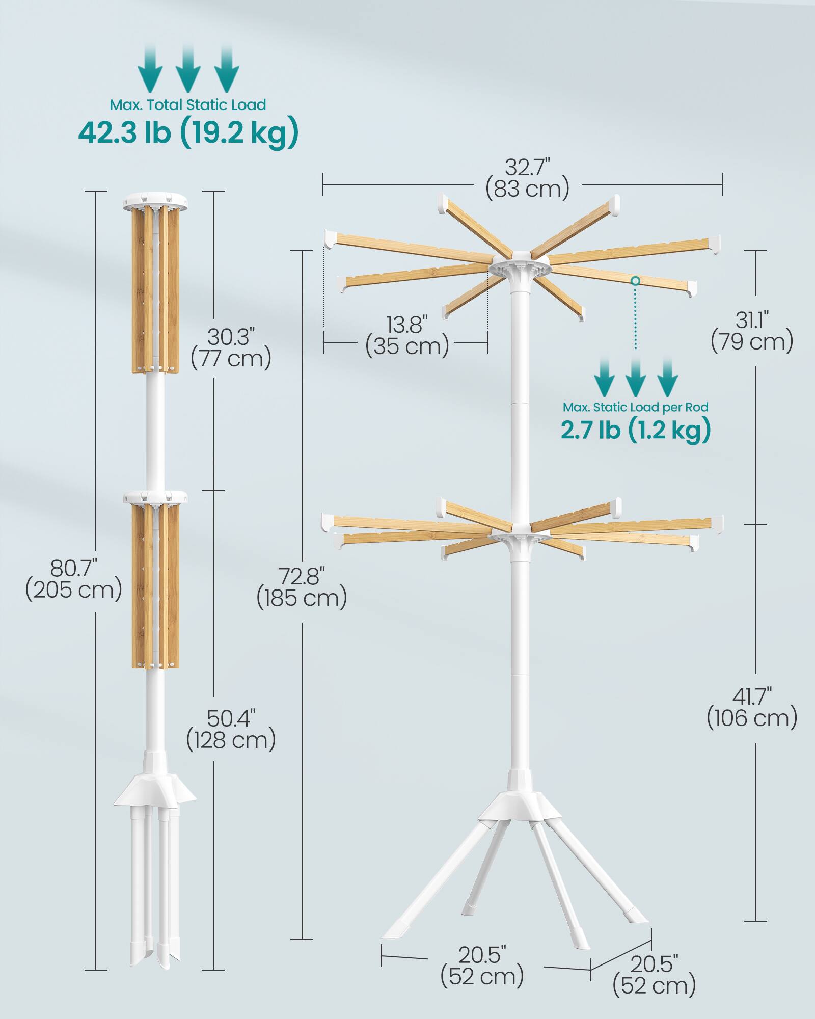 Max. Total Static Load 42.3 lb (19.2 kg)  
32.7" (83 cm)  
30.3" (77 cm)  
13.8" (35 cm)  
31.1" (79 cm)  
Max. Static Load per Rod 2.7 lb (1.2 kg)  
80.7" (205 cm)  
72.8" (185 cm)  
50.4" (128 cm)  
41.7" (106 cm)  
20.5" (52 cm)  
20.5" (52 cm)