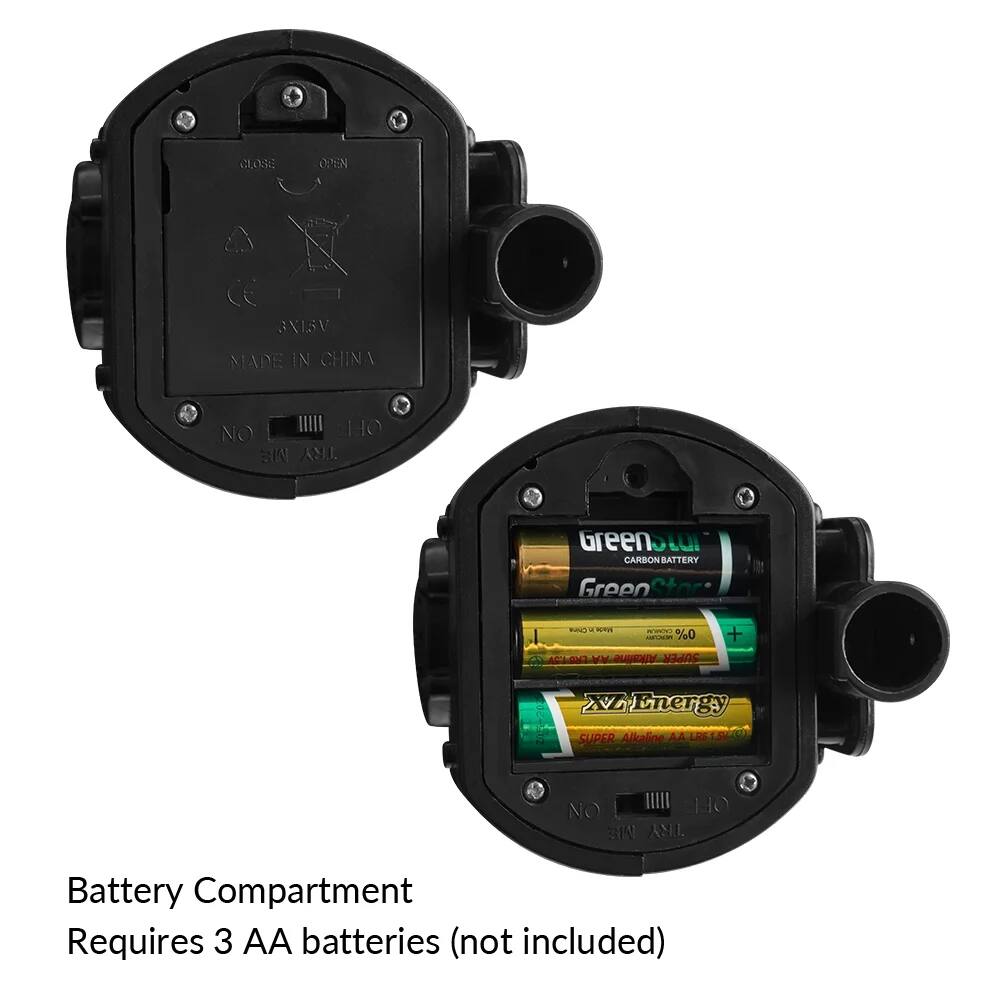Battery Compartment  
Requires 3 AA batteries (not included)  

CLOs OITEN I CE 3NISN MADE IN CHINA NO HO SW N  
Green Stor CARBON BATTERY  
Green Stor  
XZ Energy  
SUPER Alkaline AA LPS C  
SUPER Alkaline AA LPS C  
NO OEL ME ANII