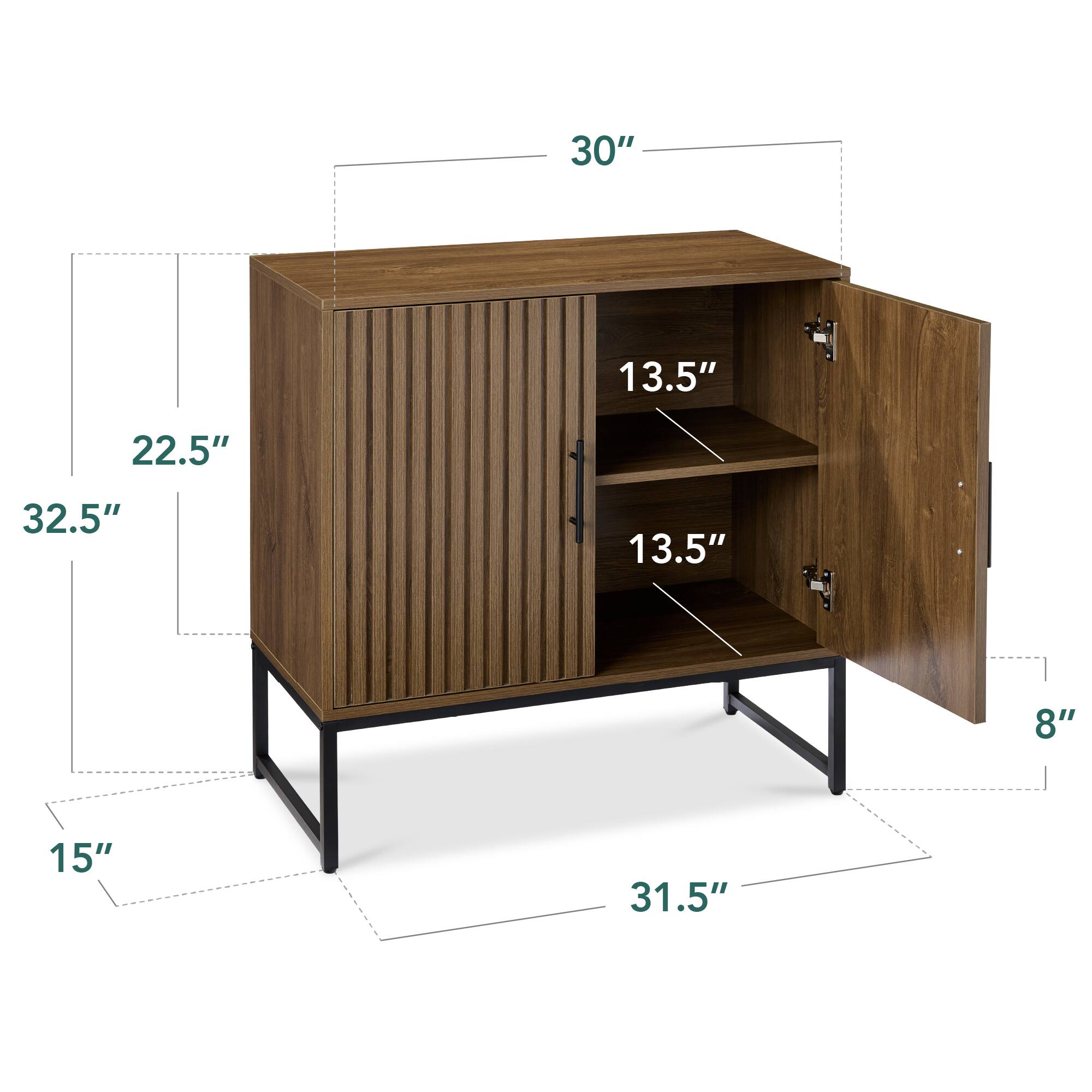The dimensions of the cabinet are as follows:

- Width: 30"
- Height: 32.5"
- Depth: 15"
- Shelf depth: 13.5"
- Shelf height: 13.5"
- Overall depth: 31.5"
- Side panel height: 22.5"
- Side panel width: 3"