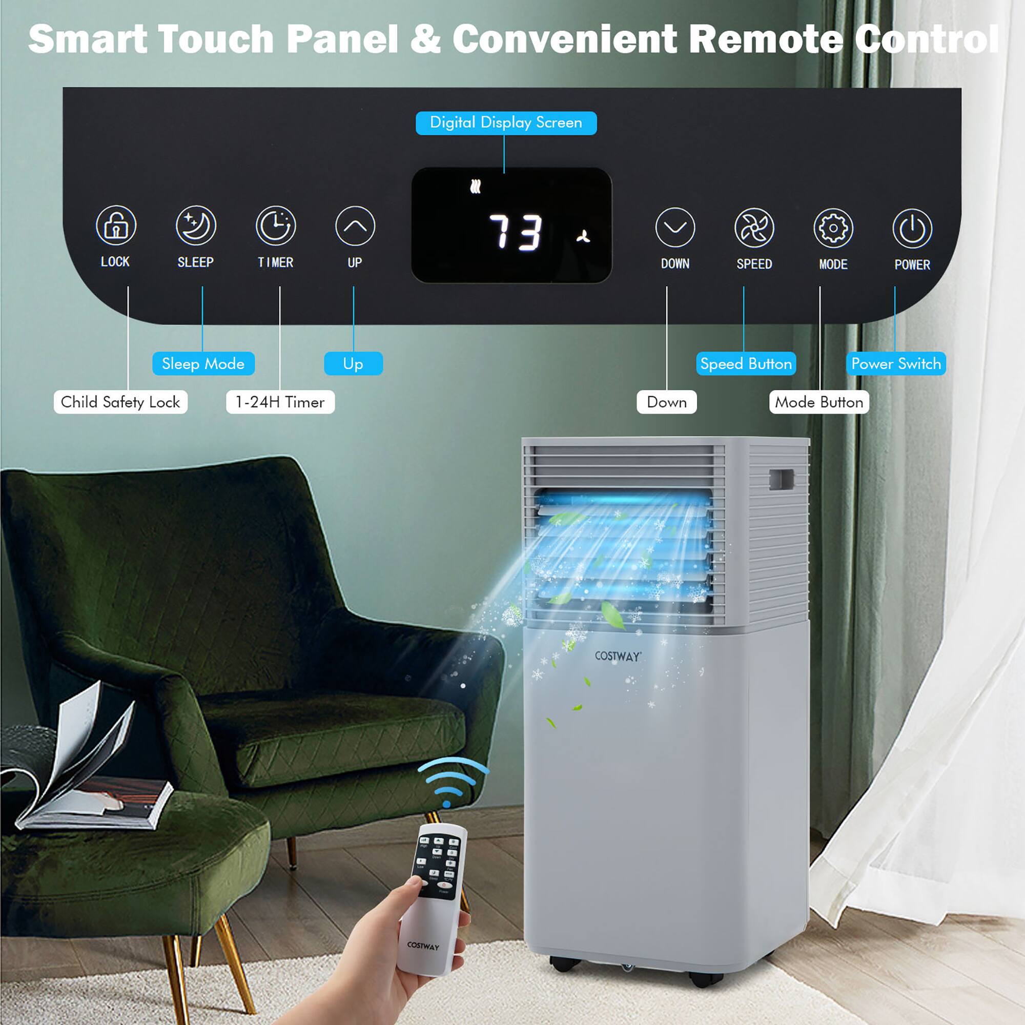 Smart Touch Panel & Convenient Remote Control Digital Display Screen LOCK SLEEP TIMER UP 73 2 DOWN SPEED MODE POWER Sleep Mode Up Speed Button Power Switch Child Safety Lock 1-24H Timer Down Mode Button COSTWAY a COSTMAY