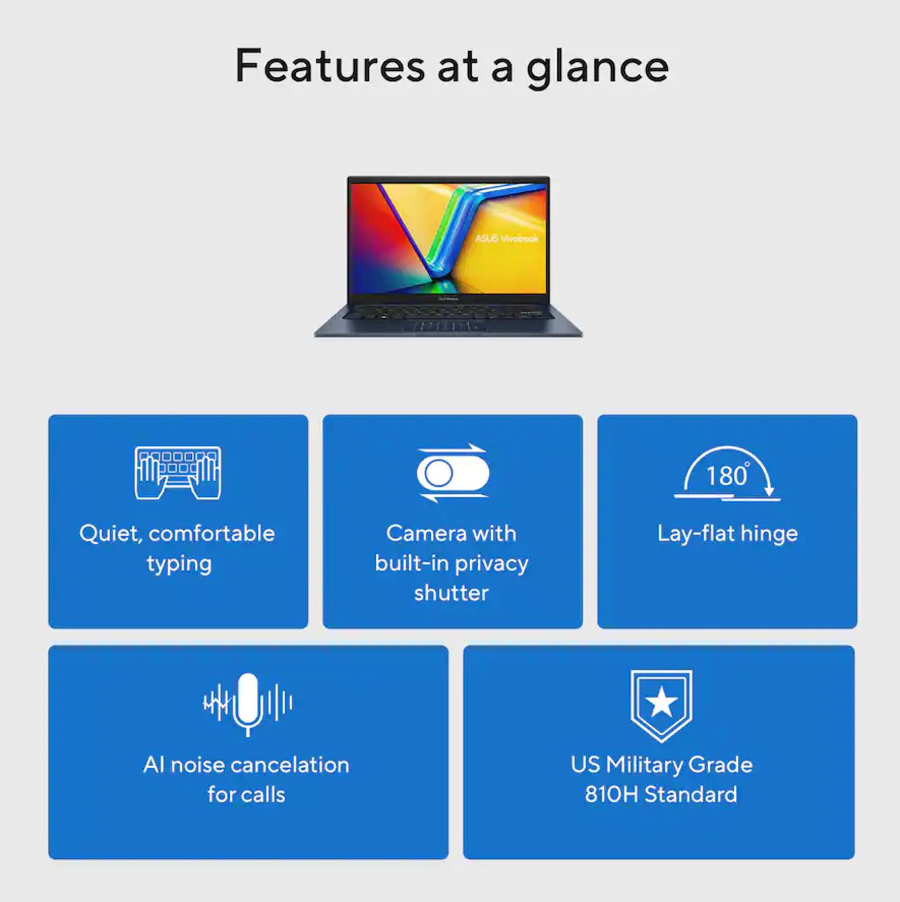 Features at a glance

- Quiet, comfortable typing
- Camera with built-in privacy shutter
- Lay-flat hinge
- AI noise cancellation for calls
- US Military Grade 810H Standard