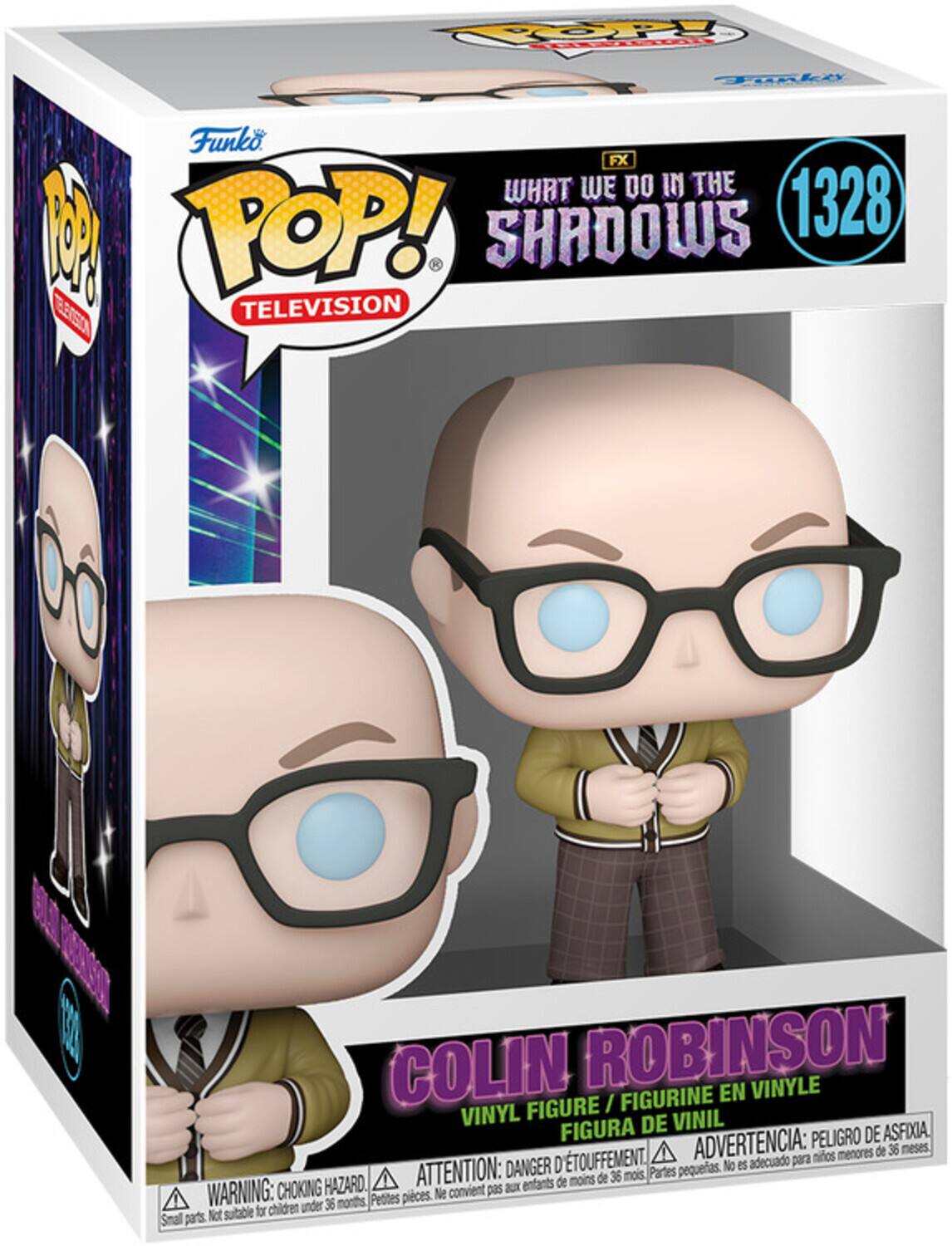Sure, here is the corrected and grouped text from the image:

---

**Funko**

**POP! TELEVISION**

**WHAT WE DO IN THE SHADOWS**

**1328**

**COLIN ROBINSON**

**VINYL FIGURE / FIGURINE EN VINYLE / FIGURA DE VINIL**

**WARNING: CHOKING HAZARD. Small parts. Not suitable for children under 36 months.**

**ATTENTION: DANGER D'ÉTOUFFEMENT. Petites pièces. Ne convient pas aux enfants de moins de 36 mois.**

**ADVERTENCIA: PEIGRO DE ASFIXIA. No es adecuado para niños menores de 36 meses.**

---

This text is organized as it appears on the packaging.