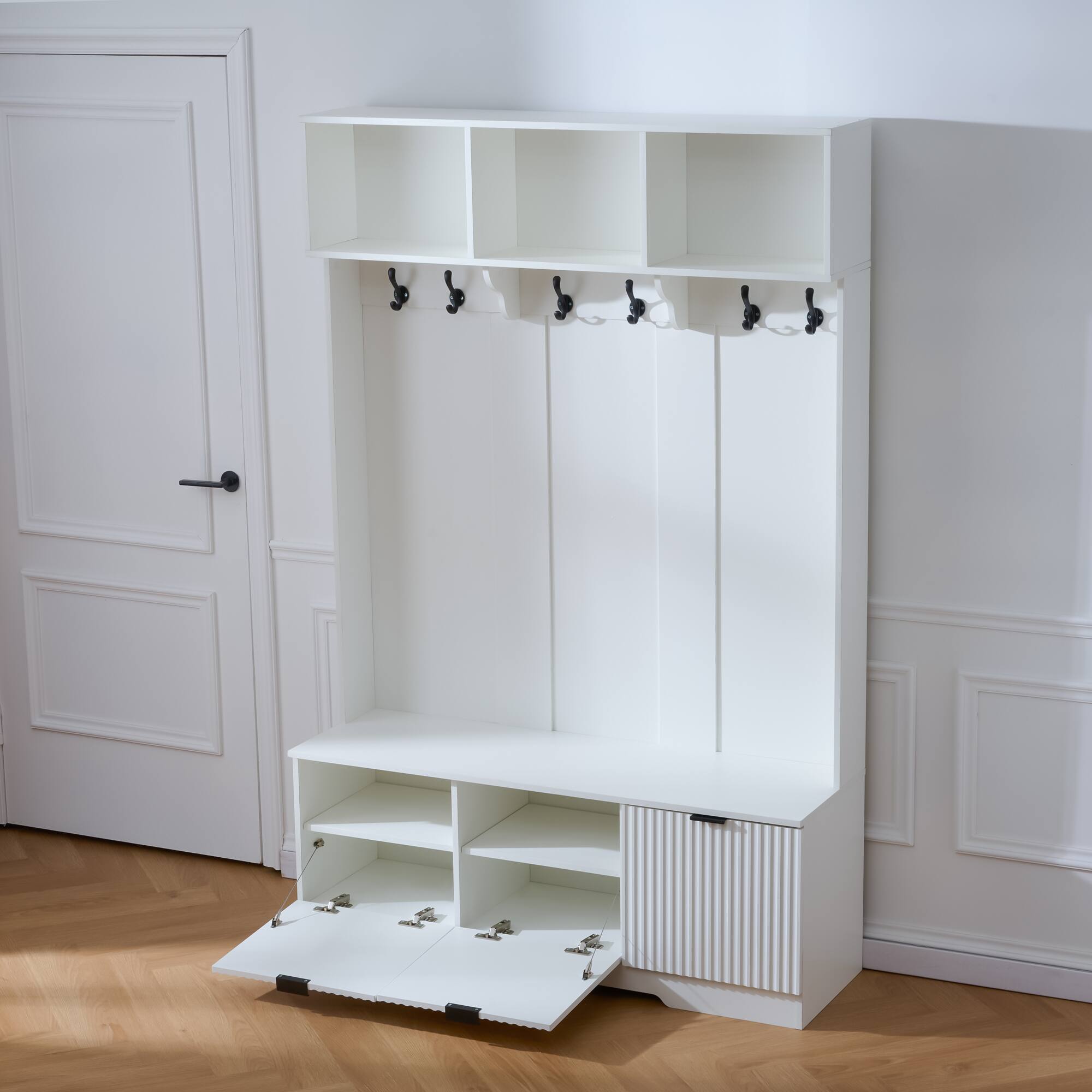 Alt View 5. GOODSILO - Three-Drawer Entryway Storage Cabinet with Open Shelving and Hooks for Organized Home Entry Solutions - White.