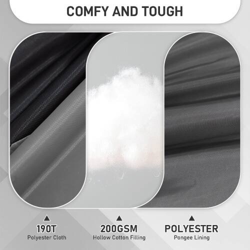 COMFY AND TOUGH

190T Polyester Cloth  
200GSM  
POLYESTER Hollow Cotton Filling  
Pongee Lining
