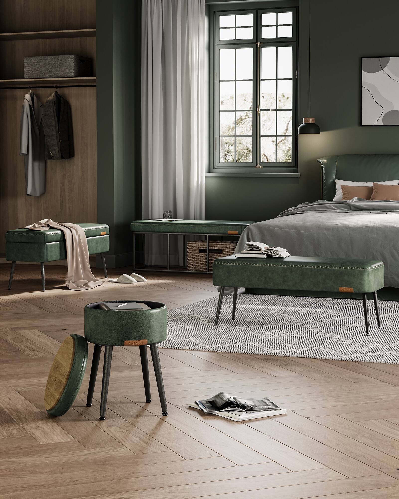 Alt View 2. Songmics Home - Bench for Entryway Bedroom, Synthetic Leather with Stitching, Ottoman Bench with Steel Legs, Living Dining Room - Forest Green.