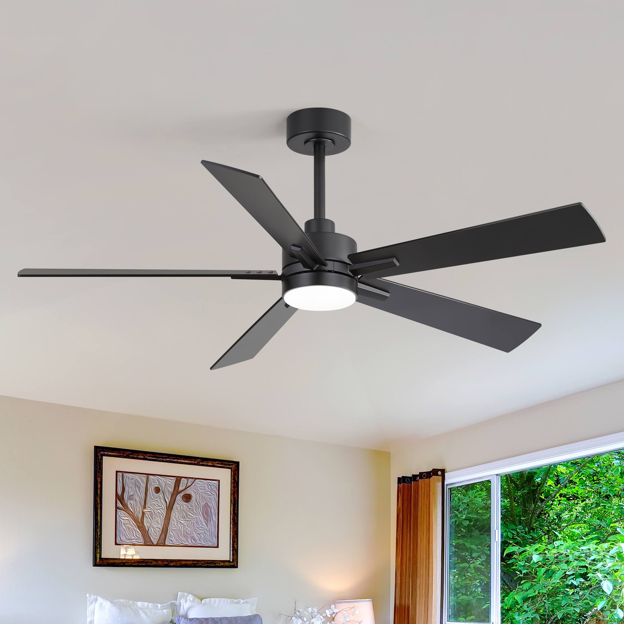 Back. Breezary - 52-Inch Ceiling Fan with LED Light, 5 Plywood Blades, Remote Control, DC Motor, Includes 5" & 10" Downrods - Black.