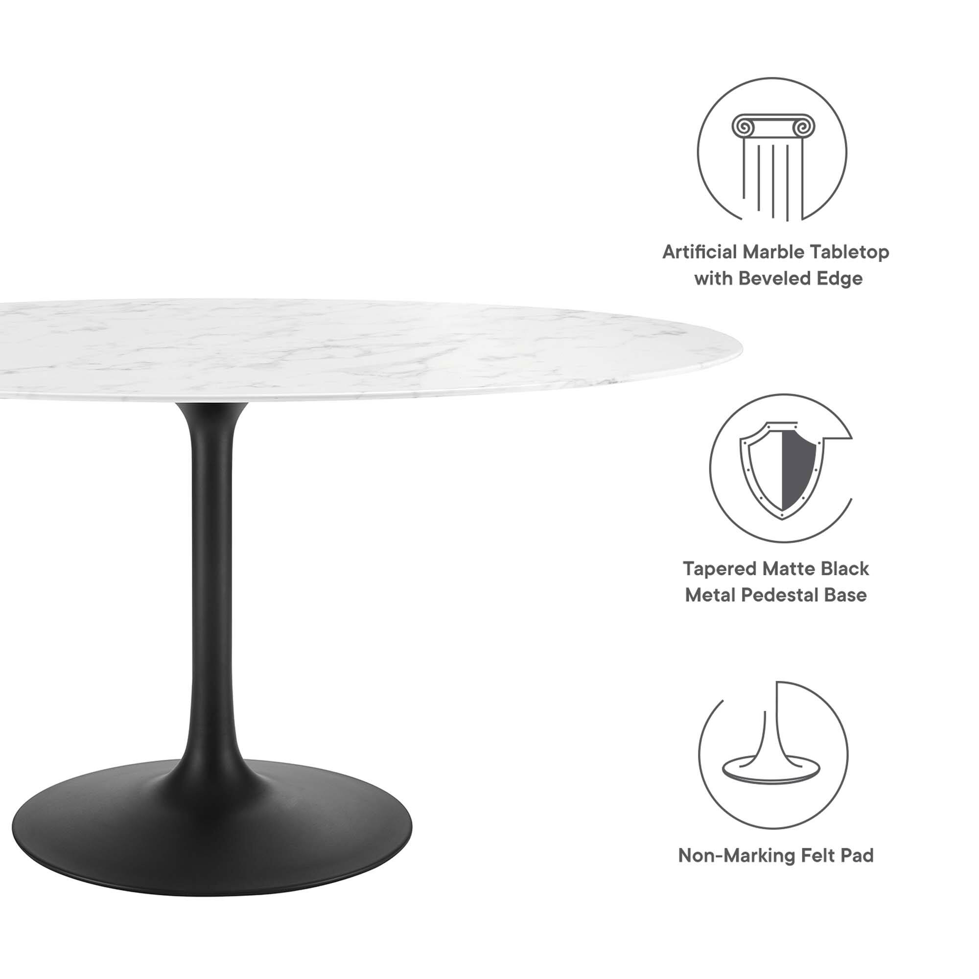 Artificial Marble Tabletop with Beveled Edge  
Tapered Matte Black Metal Pedestal Base  
Non-Marking Felt Pad