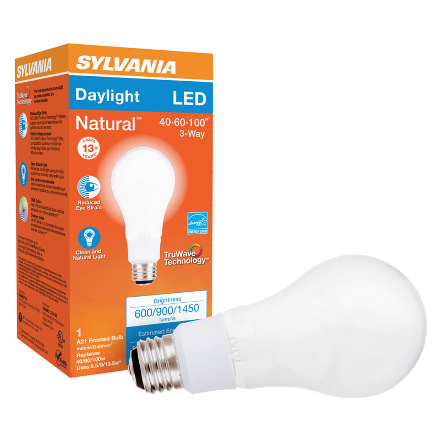 SYLVANIA  
Daylight LED  
Natural™  
40-60-100* 3-Way  

13+ YEARS  

Reduced Eye Strain  
Clean and Natural Light  
TruWave™ Natural Light Technology  

Brightness  
600/900/1450 lumens  

Estimated Energy Use  
6.5/9/13.5w  

A21 Frosted Bulb  
Indoor/Outdoor  
Replaces 40/60/100w