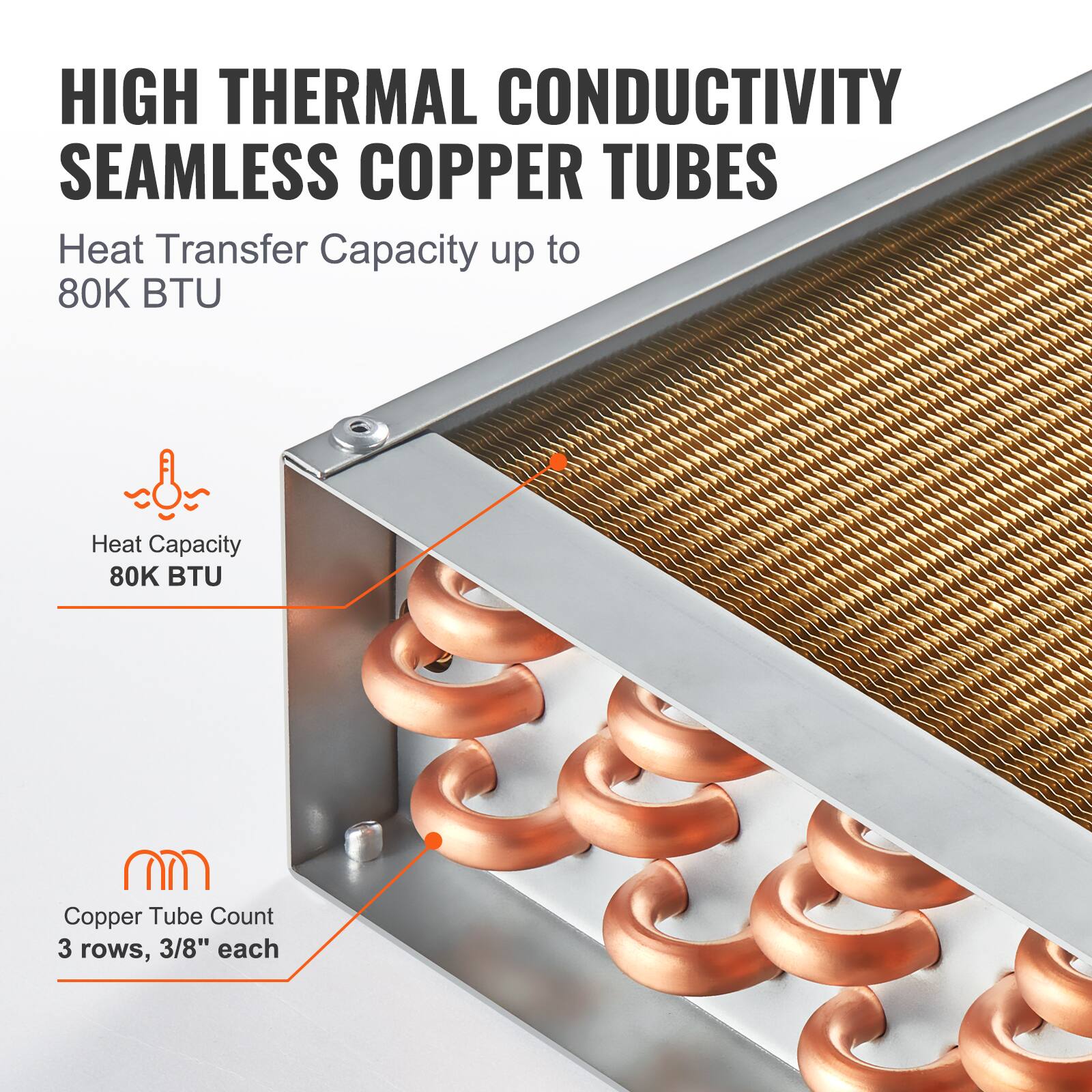 HIGH THERMAL CONDUCTIVITY SEAMLESS COPPER TUBES  
Heat Transfer Capacity up to 80K BTU  
Heat Capacity 80K BTU  
Copper Tube Count 3 rows, 3/8" each