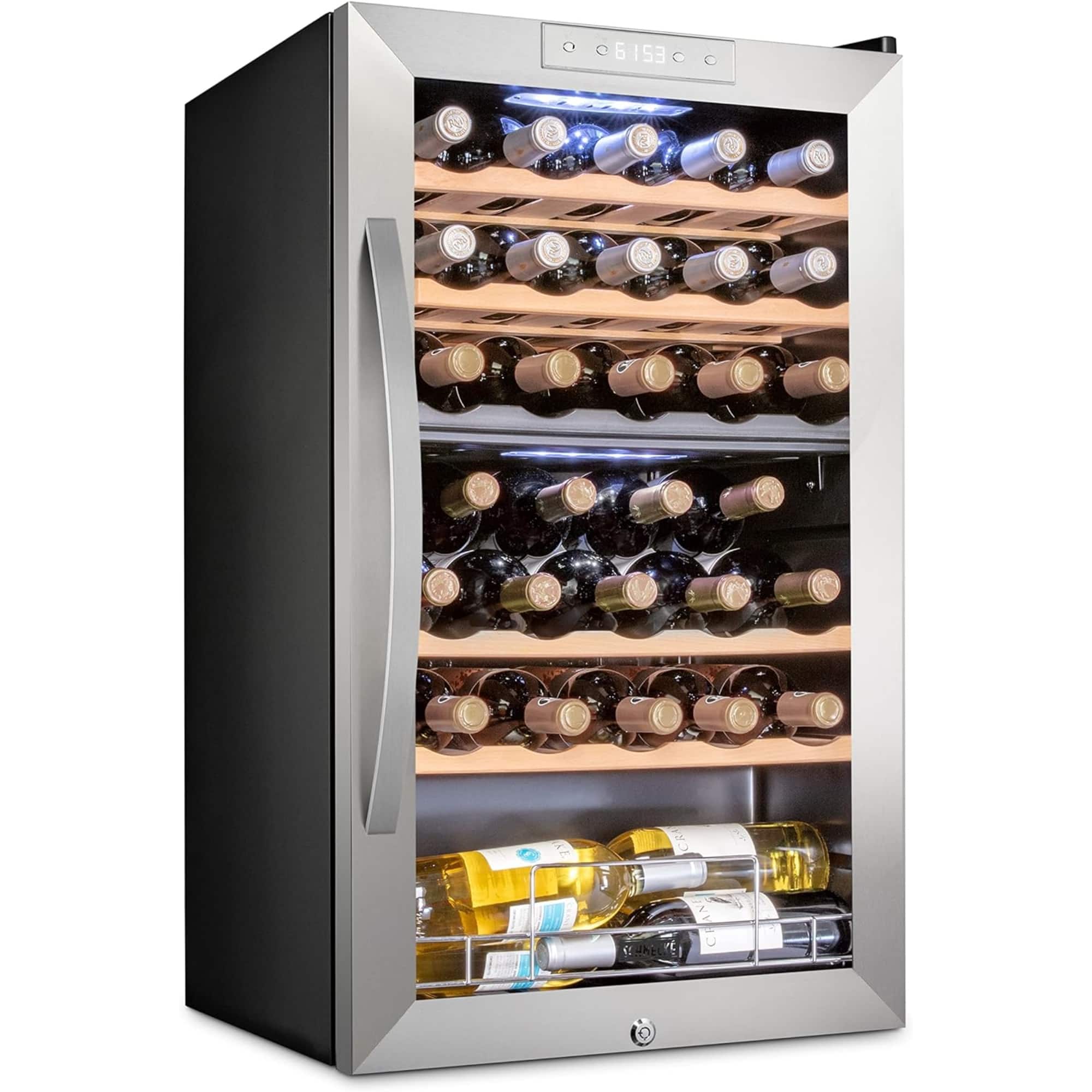 Schmecke - 33 Bottle Freestanding Wine Refrigerator, Dual Zone Wine Fridge with Lock - Stainless Steel