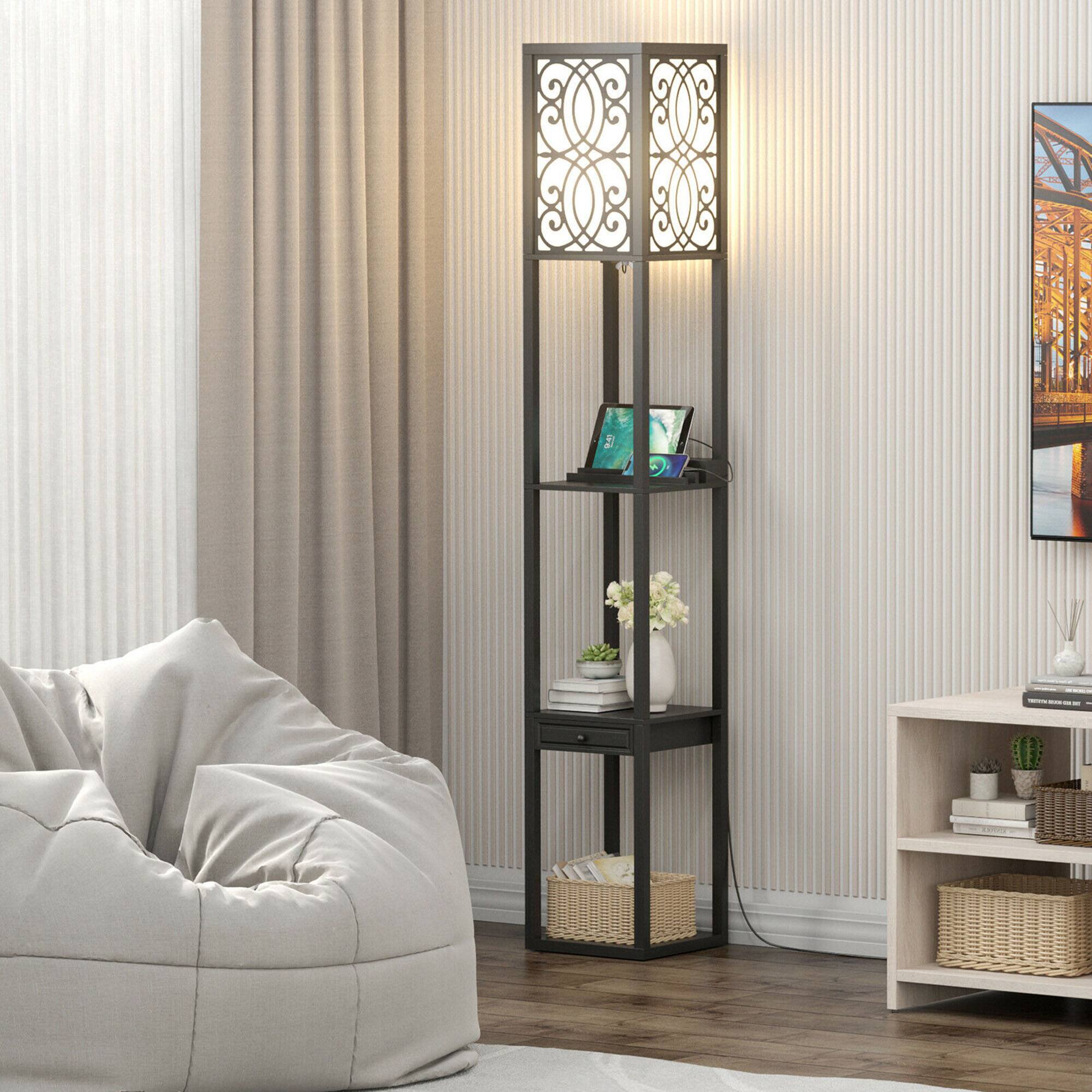 Alt View 4. Gymax - Gymax Modern Standing Shelf Floor Lamp w/ 1 Power Outlet and 2 USB Ports for Living Room - Black.