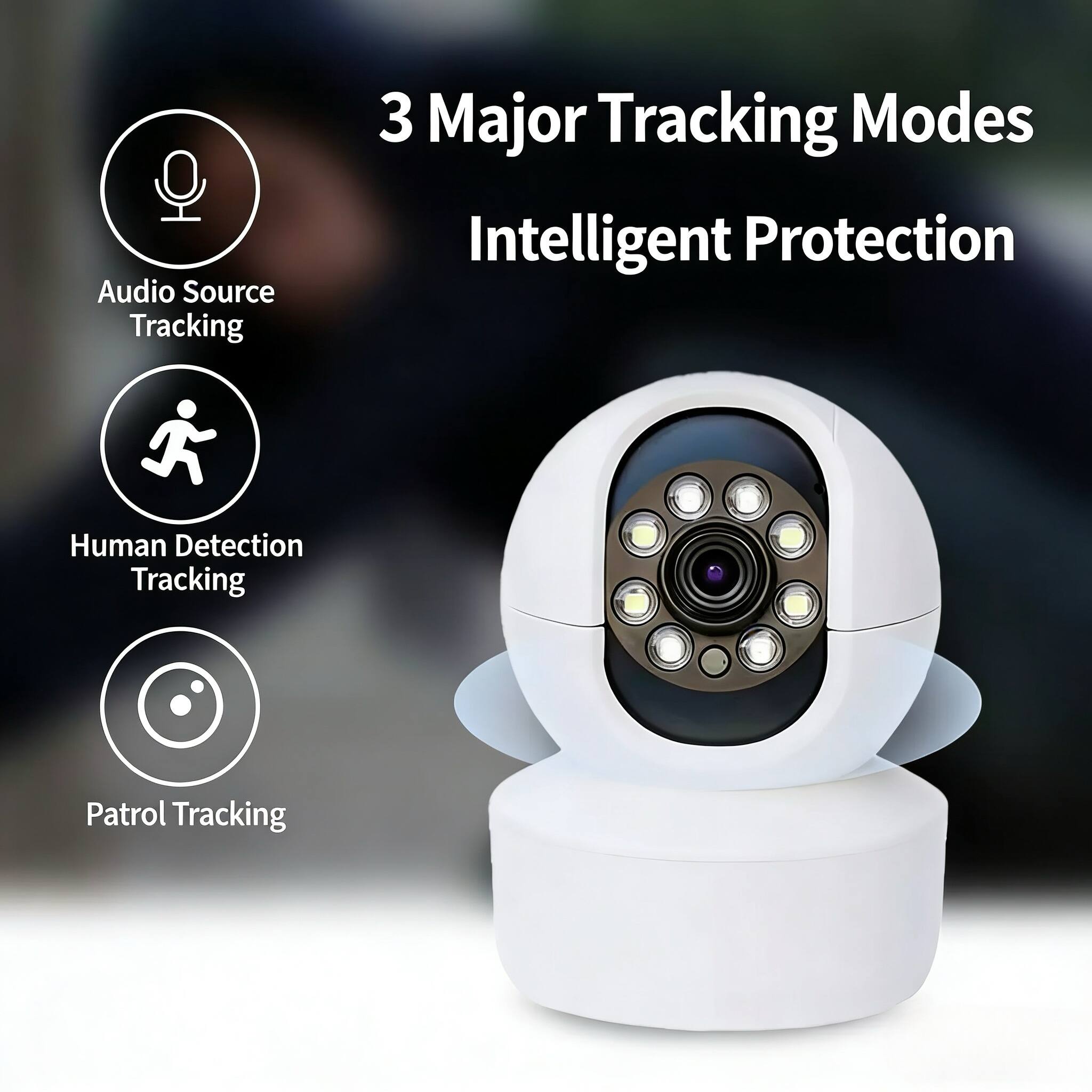 3 Major Tracking Modes  
Intelligent Protection  
- Audio Source Tracking  
- Human Detection Tracking  
- Patrol Tracking