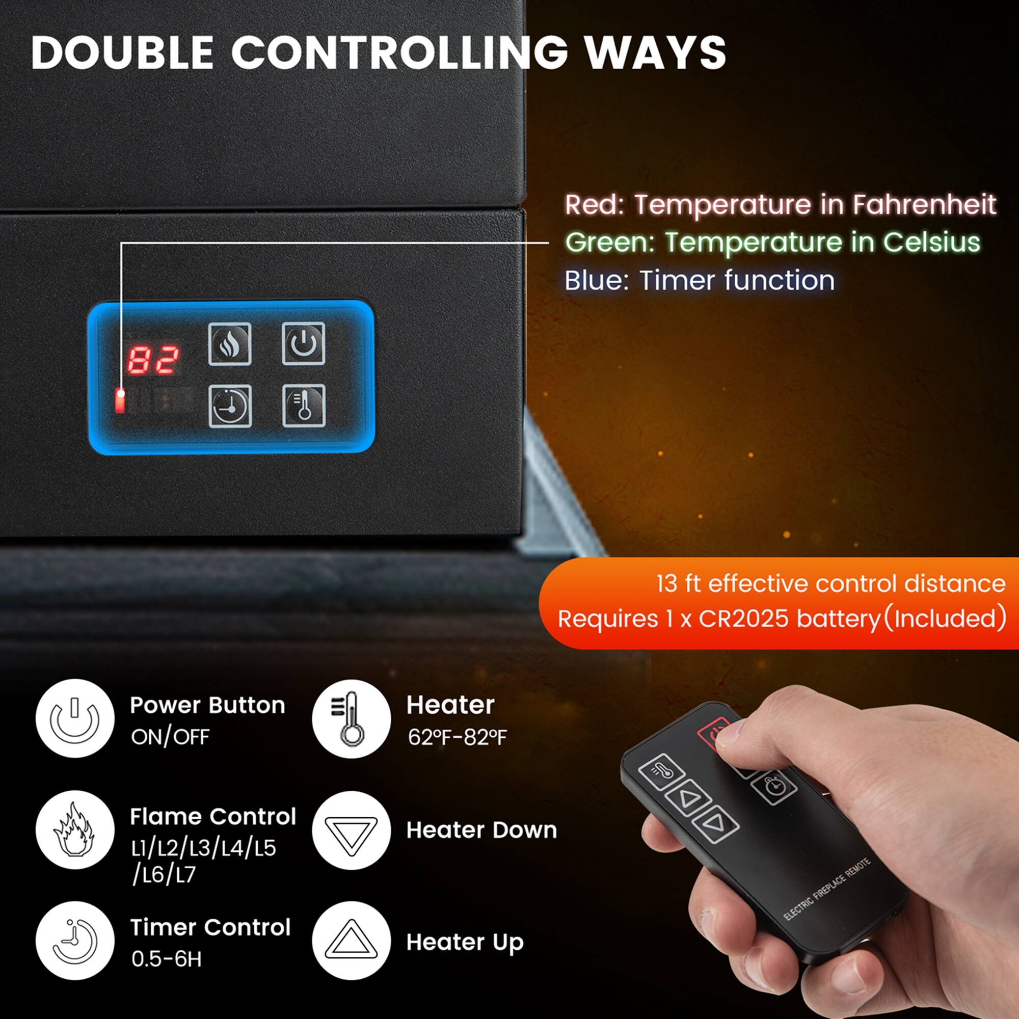 **DOUBLE CONTROLLING WAYS**

- **Red:** Temperature in Fahrenheit
- **Green:** Temperature in Celsius
- **Blue:** Timer function

**82**

**13 ft effective control distance**

**Requires 1 x CR2025 battery (Included)**

**Power Button**
- ON/OFF

**Heater**
- 62°F-82°F

**Flame Control**
- L1/L2/L3/L4/L5 / L6/L7

**Timer Control**
- 0.5-6H

**Heater Down**

**Heater Up**

**REMOTE PREPLACE LACE ELECTRIC**
