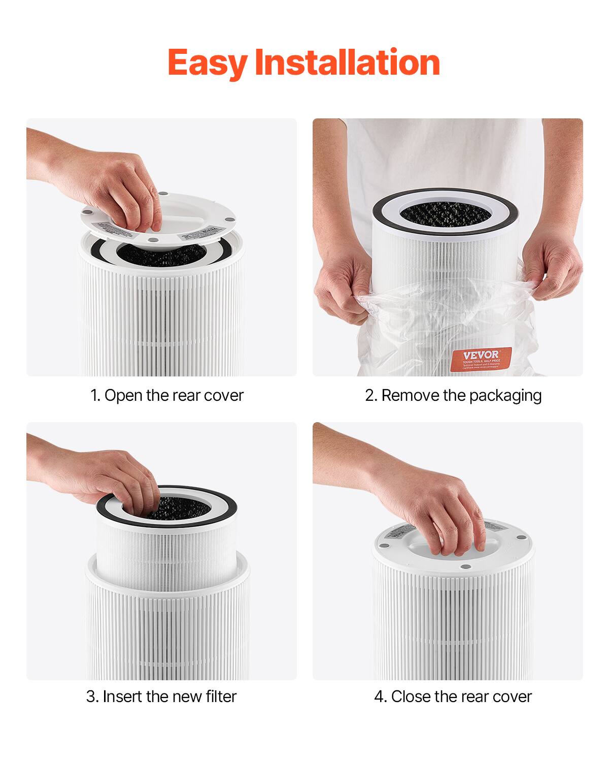 Easy Installation

1. Open the rear cover

2. Remove the packaging

3. Insert the new filter

4. Close the rear cover