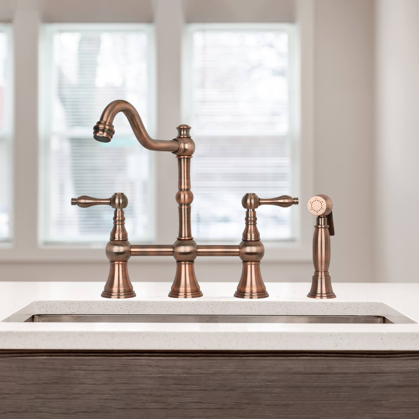 Alt View 3. Akicon - Akicon Solid Brass Bridge Kitchen Faucets with Side Sprayer 2 Lever Handles in Antique Copper - Antique Copper.