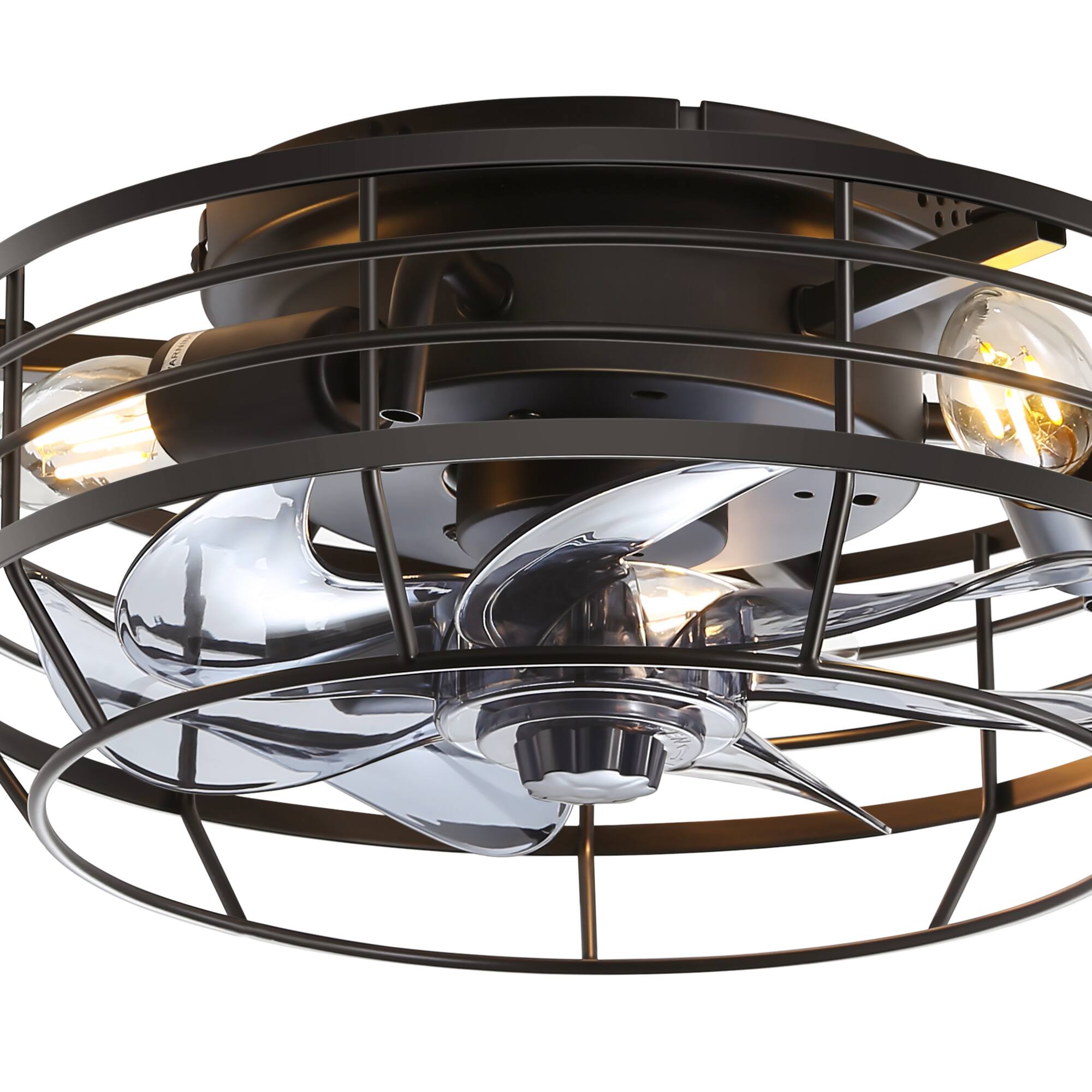 Left. Breezary - 12" Indoor Flush Mount Cage Ceiling Fan with Remote, 7 Blades, 6-Speed DC Motor, Timer & Memory, Compact for Small Rooms - Matte Black.