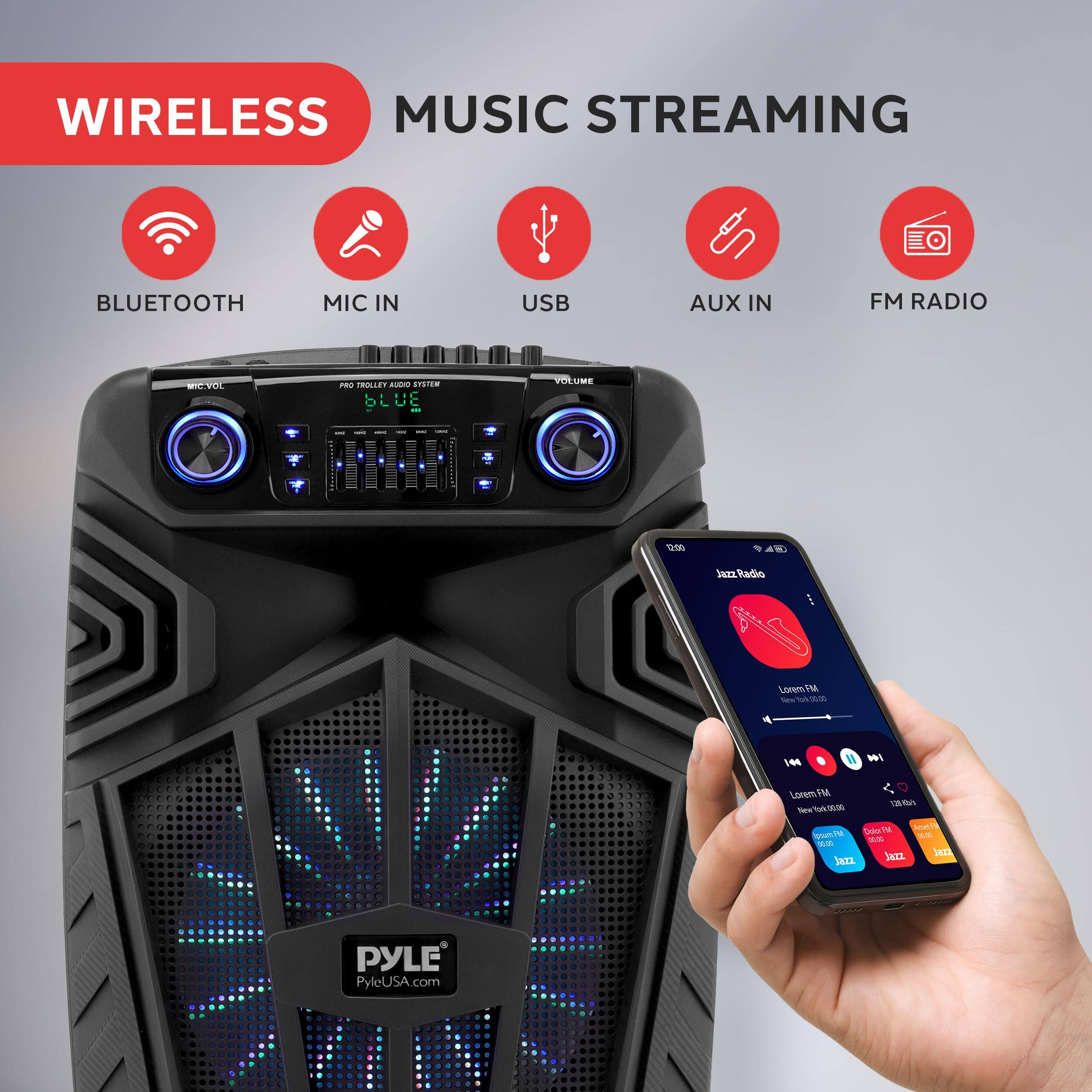 WIRELESS MUSIC STREAMING

BLUETOOTH  
MIC IN  
USB  
AUX IN  
FM RADIO  

PYLE  
PyleUSA.com