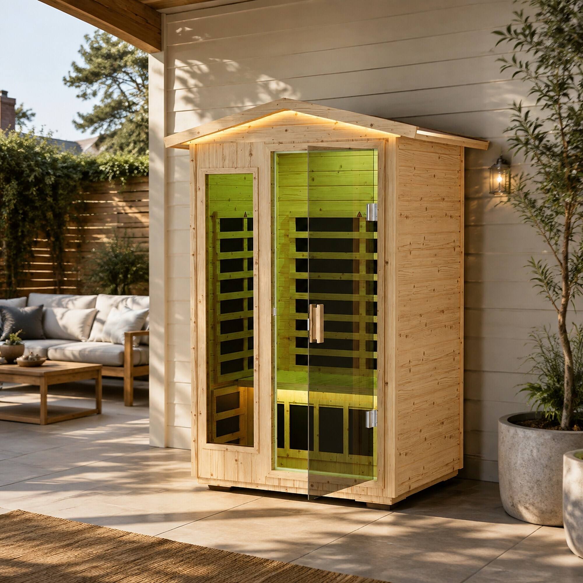 Left. RYHNUYNE - XY-902VY Far Infrared Sauna Room, Norway Spruce Construction, 6 Heating Plates, 1850W, Indoor Outdoor Use - Natural Wood.