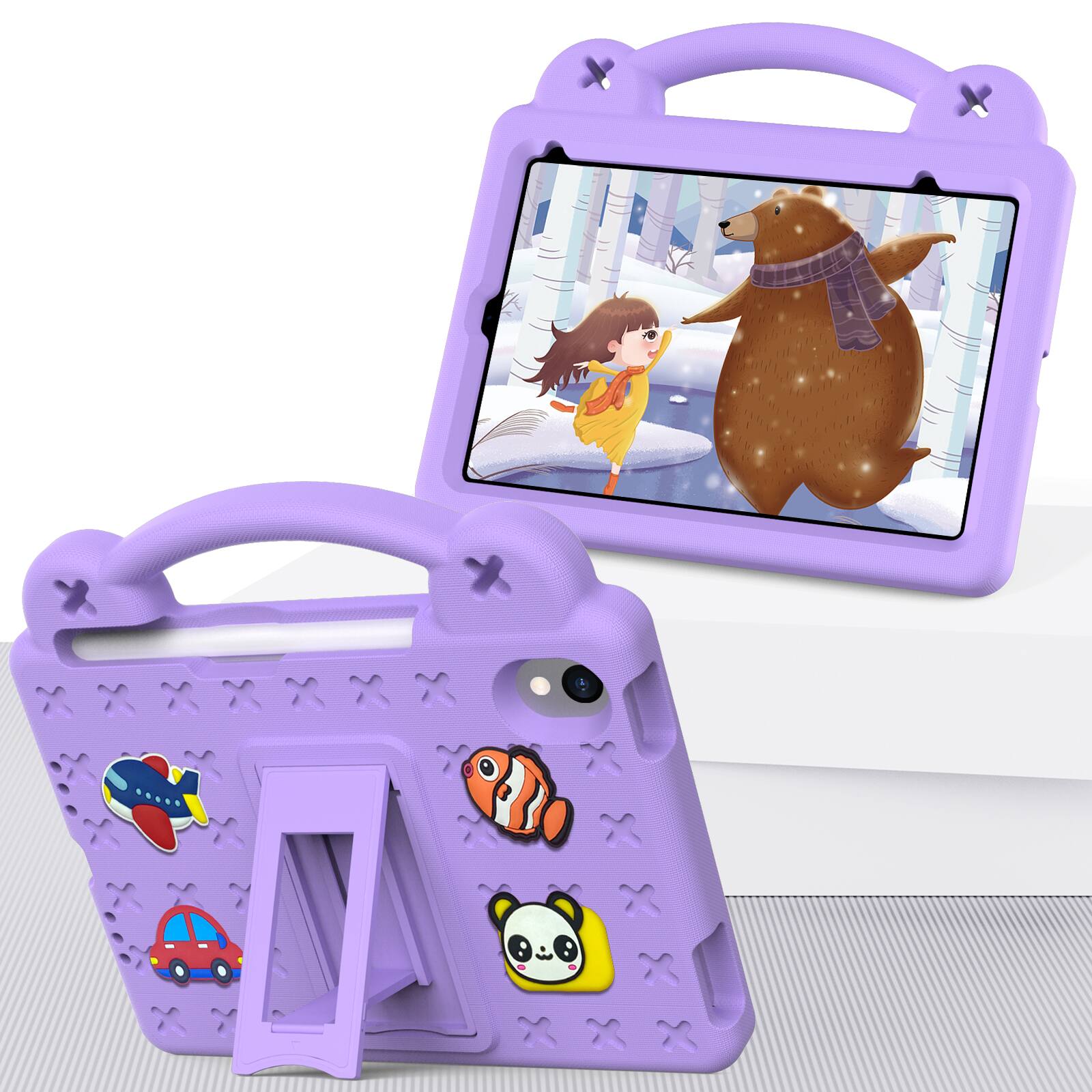 Angle. UUCOVER - Kids Case for iPad mini A17 Pro 8.3-inch 2024/iPad mini 6th Gen 2021,Shockproof EVA Case Handle Adjustable Stand Cover - Purple.