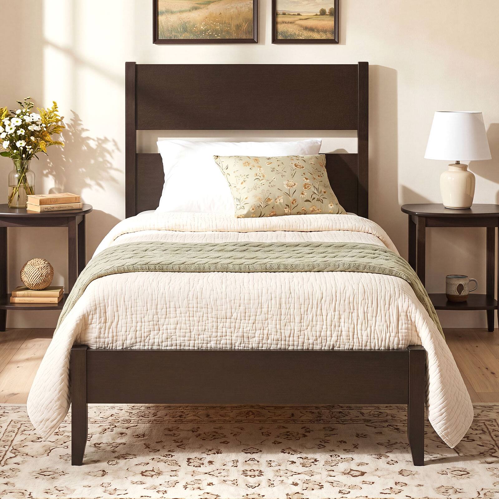 Alt View 3. Costway - Costway Twin Bed Frame with Headboard, Solid Wood Legs, 12 Slats, No Box Spring Needed - Dark Walnut.
