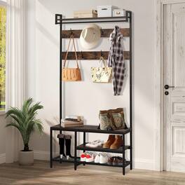 Chateau Abodes - 5 in 1 Hall Tree Entryway Furniture with Shoe Storage and Bench with 14 Hooks and a Hanging Rod - Brown