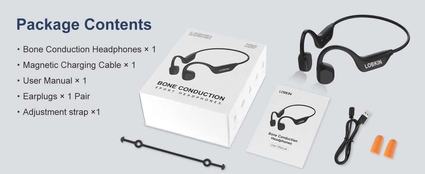 Package Contents

- Bone Conduction Headphones x 1
- Magnetic Charging Cable x 1
- User Manual x 1
- Earplugs x 1 Pair
- Adjustment strap x 1
