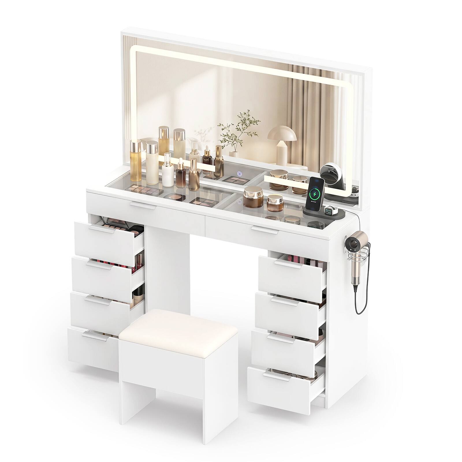Alt View 1. Costway - Costway Vanity Desk with Mirror and Lights, Storage Cushioned Stool, Tempered Glass Top - White.