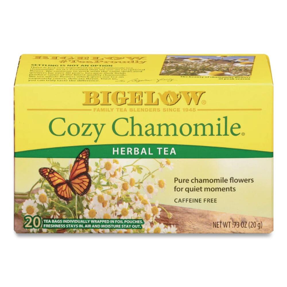 BIGELOW  
FAMILY TEA BLENDERS SINCE 1945  

Cozy Chamomile  
HERBAL TEA  

Pure chamomile flowers for quiet moments  
CAFFEINE FREE  

20 TEA BAGS INDIVIDUALLY WRAPPED IN FOIL POUCHES.  
FRESHNESS STAYS IN. AIR AND MOISTURE STAY OUT.  

NET WT .73 OZ (20 g)