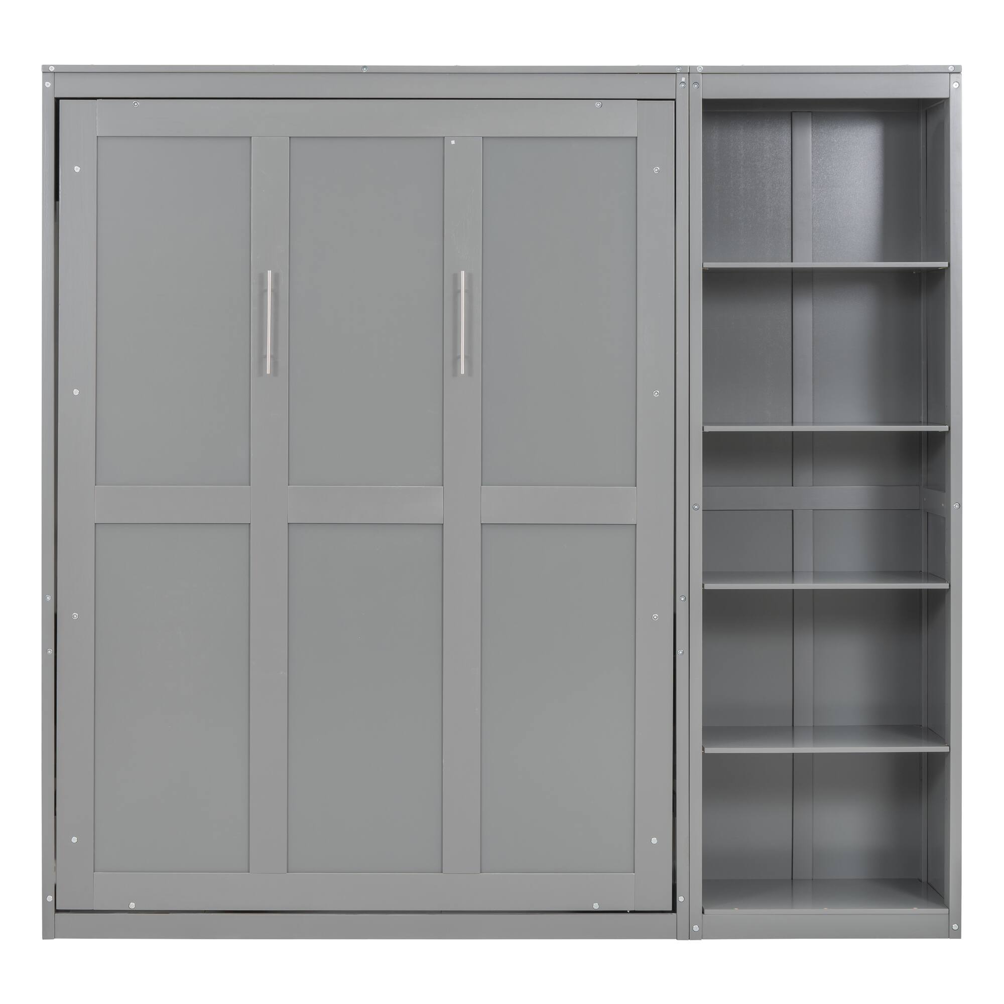 Alt View 4. Tiramisubest - Full Size Gray Murphy Wall Bed with Shelves, Solid Wood+MDF, Space-Saving - Gray.