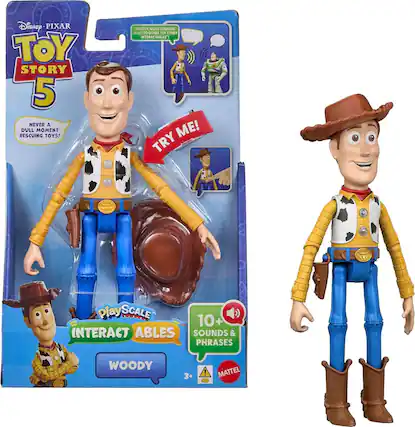 Disney PIXAR TOY STORY 5
NEVER A DULL MOMENT RESCUING TOYS!
UNLOCK MORE SOUNDS! TALKS! OTHER TOY STORY INTERACTABLES! ME!
TRY ME!
Play SCALE 10+ INTERACT ABLES SOUNDS & PHRASES WOODY 3+!
MATTEL