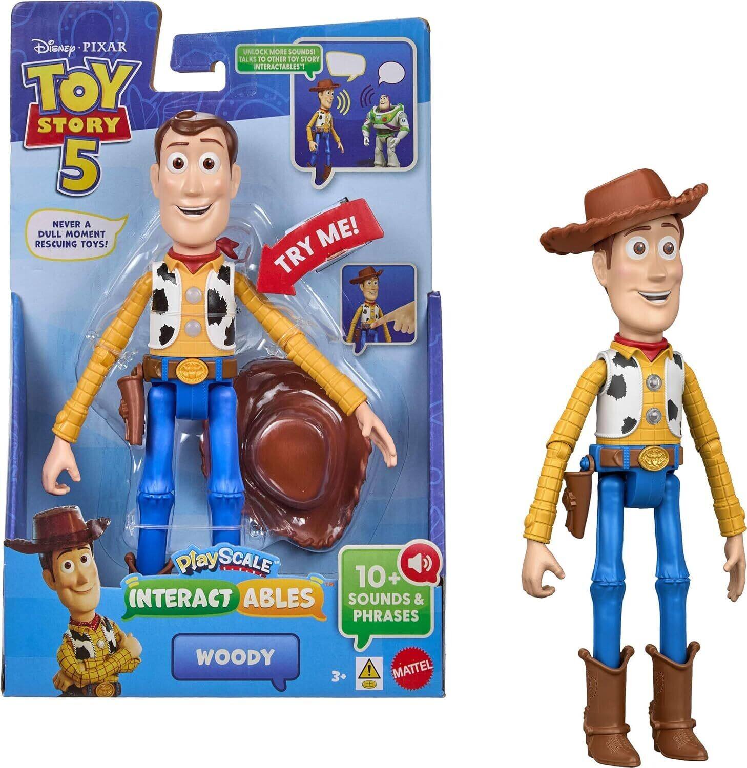Disney PIXAR TOY STORY 5  
NEVER A DULL MOMENT RESCUING TOYS!  
UNLOCK MORE SOUNDS! TALKS! OTHER TOY STORY INTERACTABLES! ME!  
TRY ME!  
Play SCALE 10+ INTERACT ABLES SOUNDS & PHRASES WOODY 3+!  
MATTEL