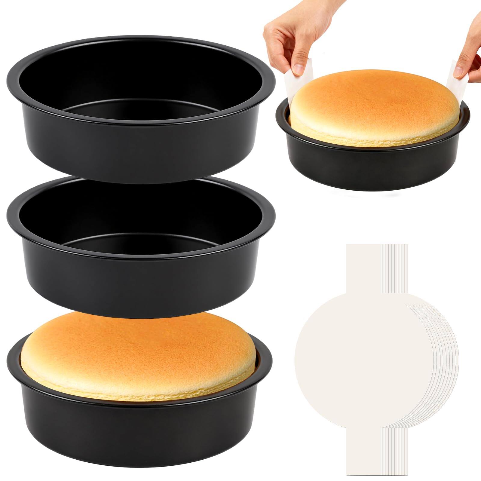 PARKER SLATER - 8" Round Cake Pan 3pcs Nonstick Pans With 100 Paper Carbon Steel Baking Handle Dishwasher Safe