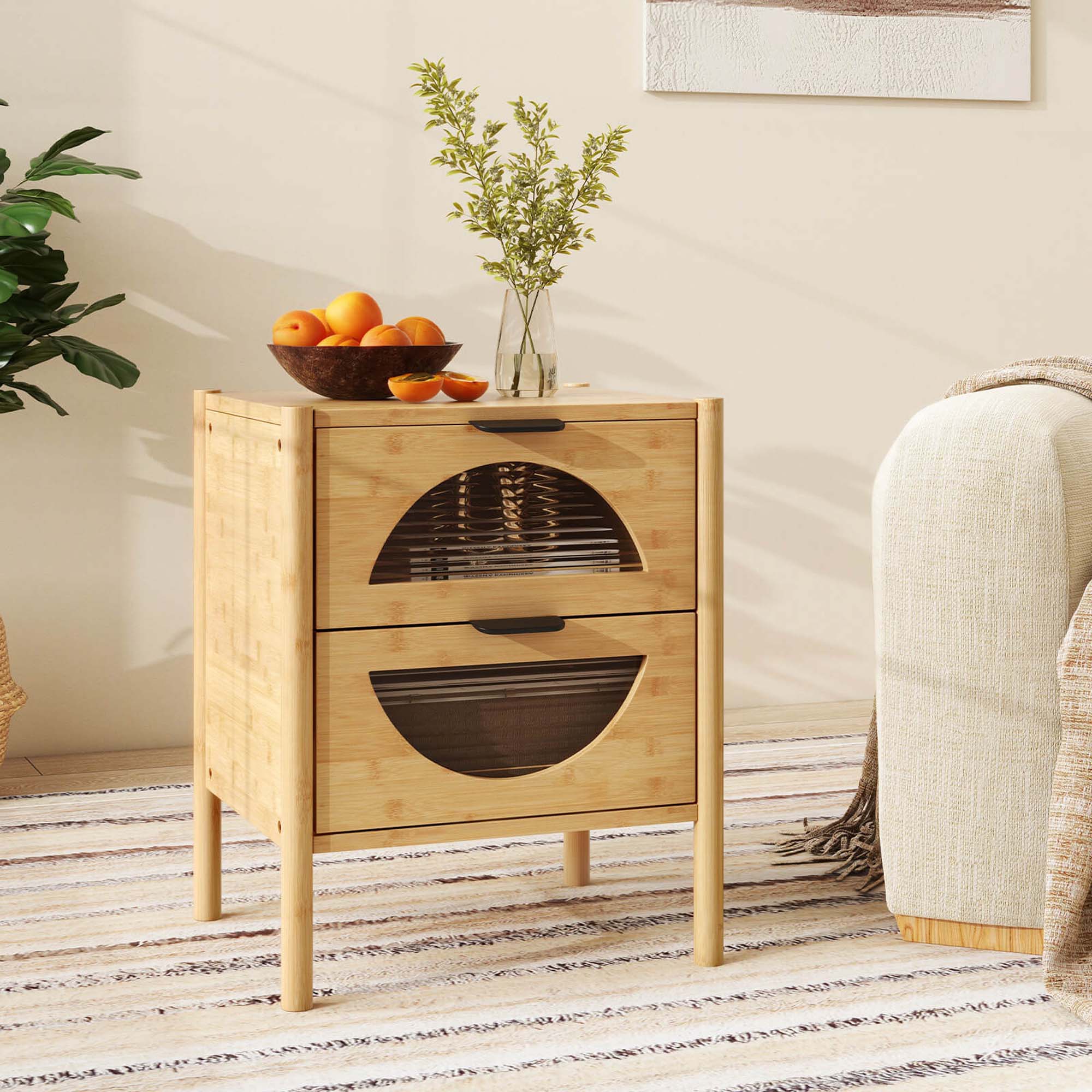 Alt View 2. Costway - 1 PCS Bamboo Nightstand with 2 Storage Drawers & Reeded Tempered Glass Fronts Bedroom - Natural.