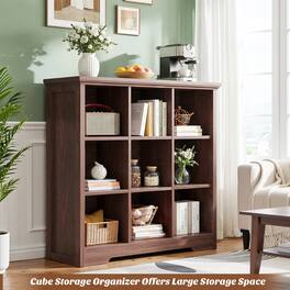 Aheaplus - 9 Cube Organizer with Power Outlets, 41'' Tall Wooden Cube Bookcase for Living Room, Entryway - Walnut