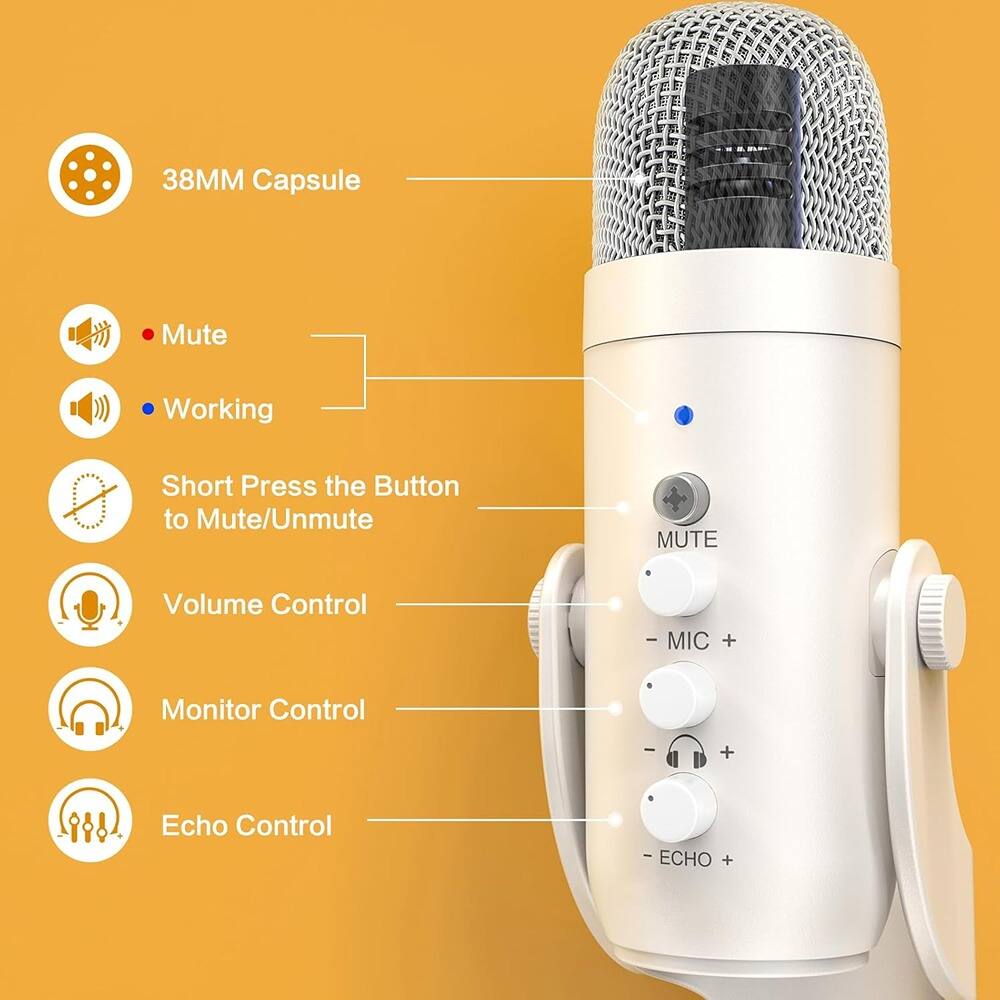 Back. MOSZAR LLC - White USB Gaming Microphone – Quick Mute, Noise Cancel & Gain Control Mic.