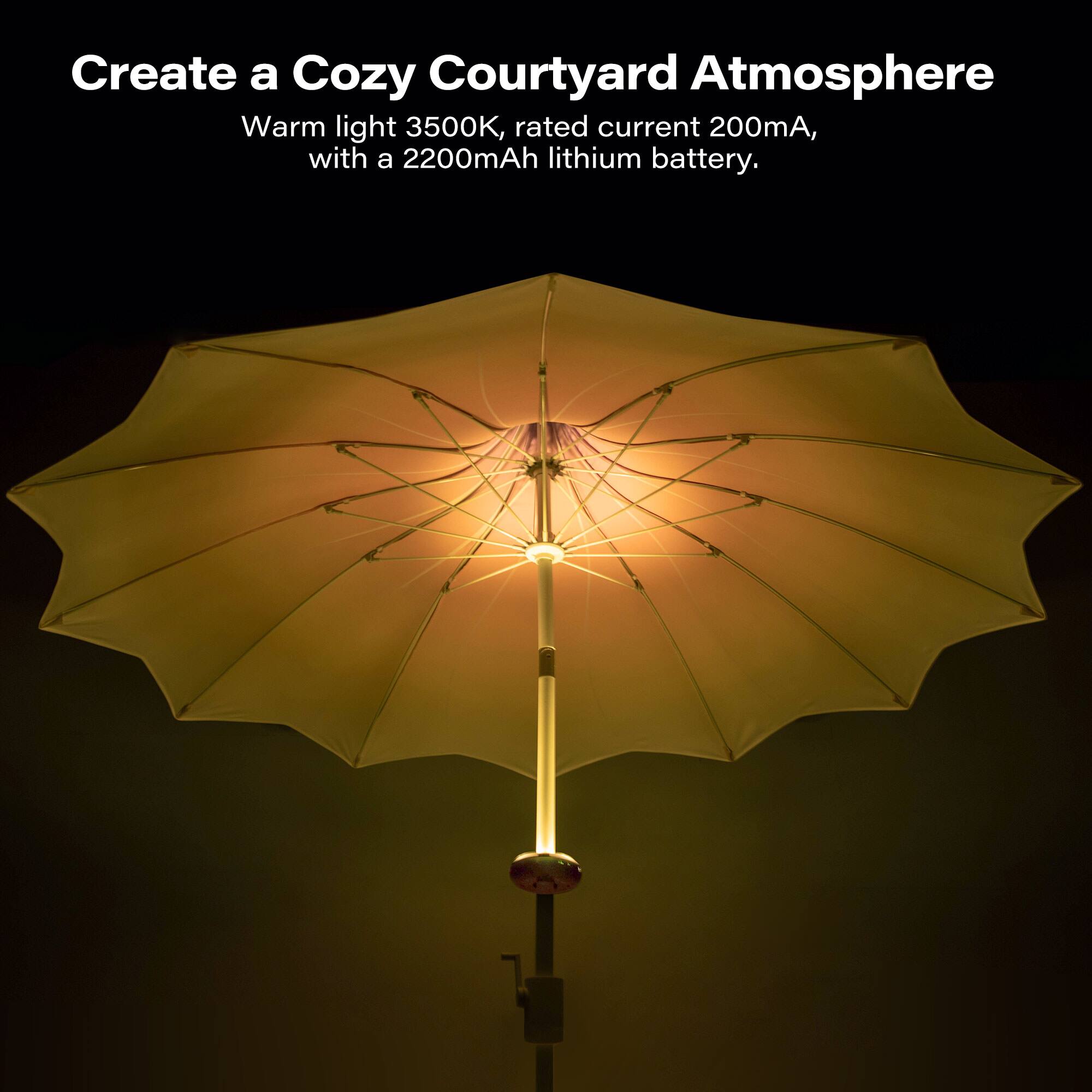 Create a Cozy Courtyard Atmosphere  
Warm light 3500K, rated current 200mA, with a 2200mAh lithium battery.