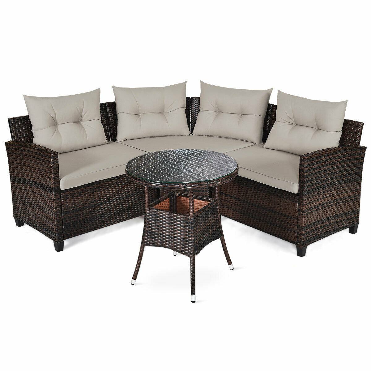 Alt View 1. Gymax - Gymax 4PCS Patio Furniture Set Outdoor Rattan Sectional w/ Cushioned Sofa Table - Dark Brown.