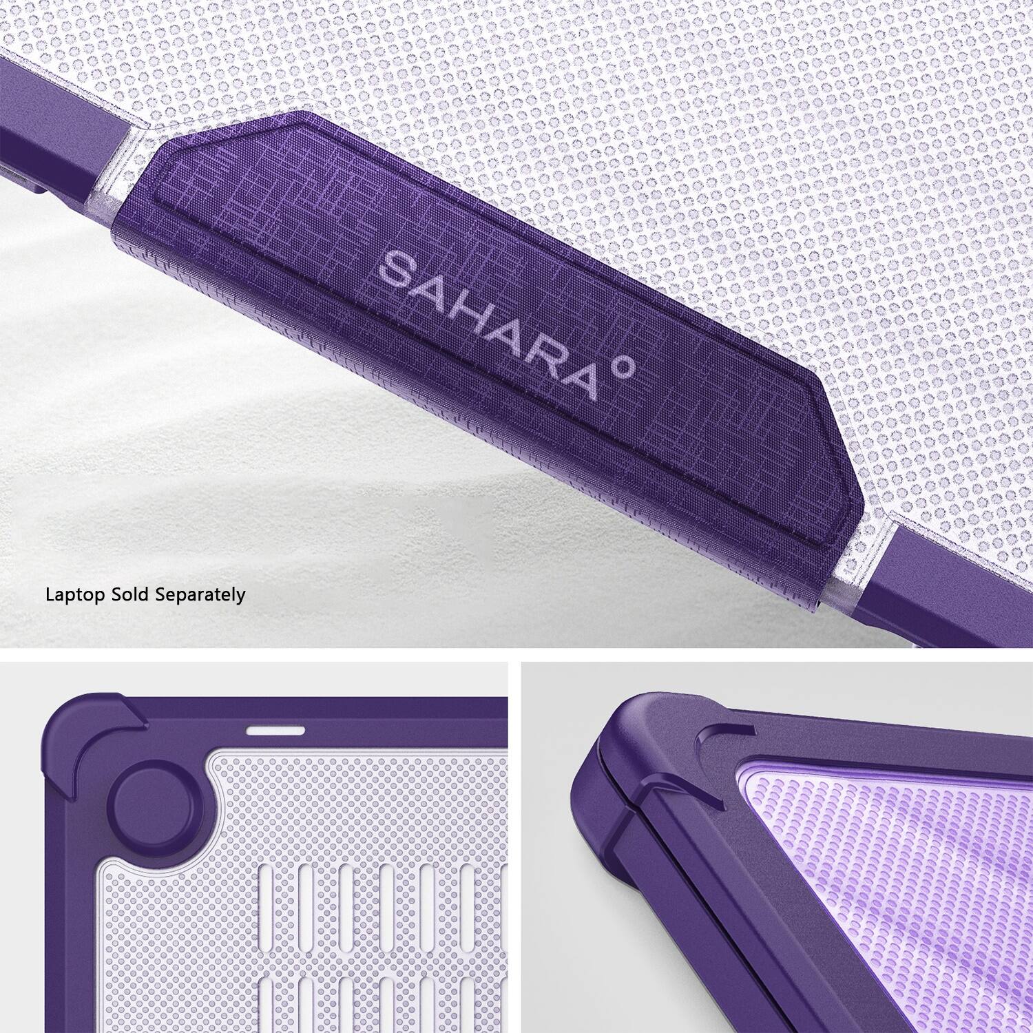 The image features a purple Sahara laptop computer, which is sold separately. The laptop is displayed in a close-up view, showcasing its design and features. The Sahara laptop is designed with a purple cover and a purple keyboard, making it stand out from other laptops. The image also includes a picture of the laptop's case, emphasizing its unique color scheme.