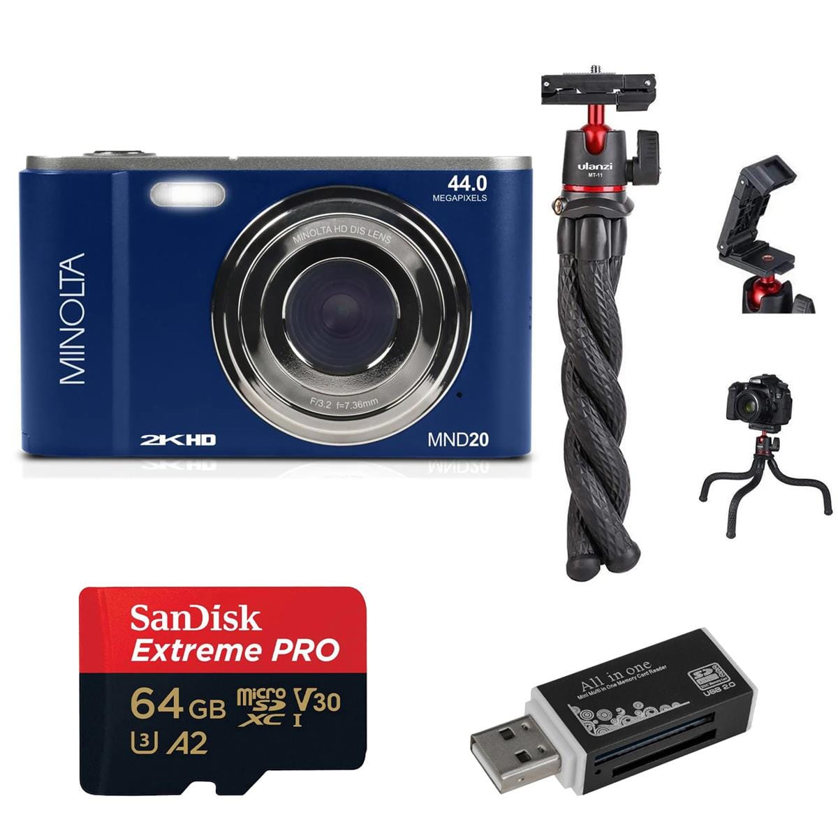 Bundle - Minolta - MND20 44MP 2.7K Quad HD Digital Camera, Blue, with 64GB Memory Card, Octopus Tripod, USB 2.0 Card Reader price history on PriceWatchPro